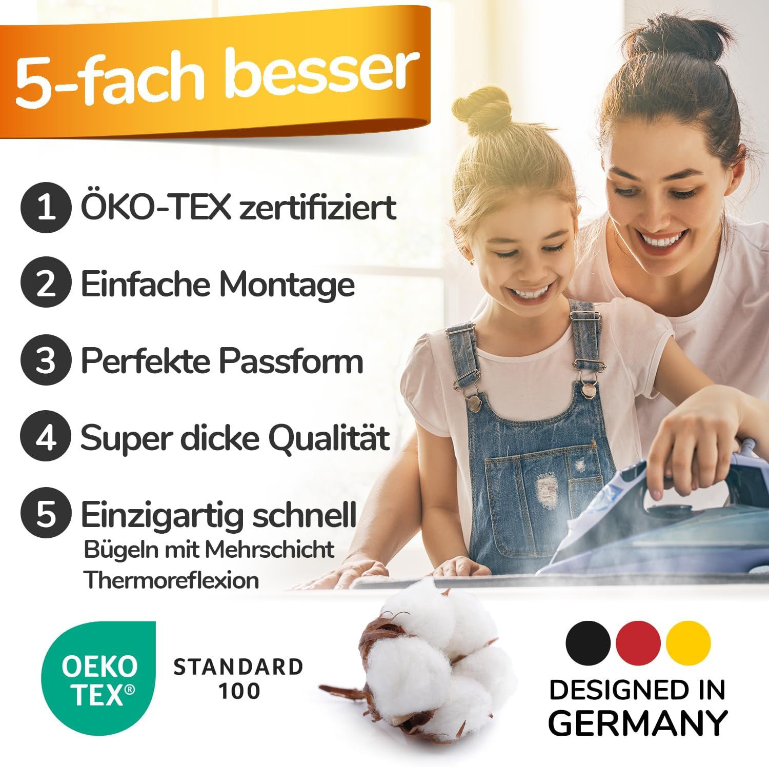 Thumbnail 2 de Super Soft 5 Schichten Turbo-Bügelbrettbezug 140x40 (XXL) – ÖKOTEX Baumwoll-Polsterung, EasyFit+Spanner, Made in Europe