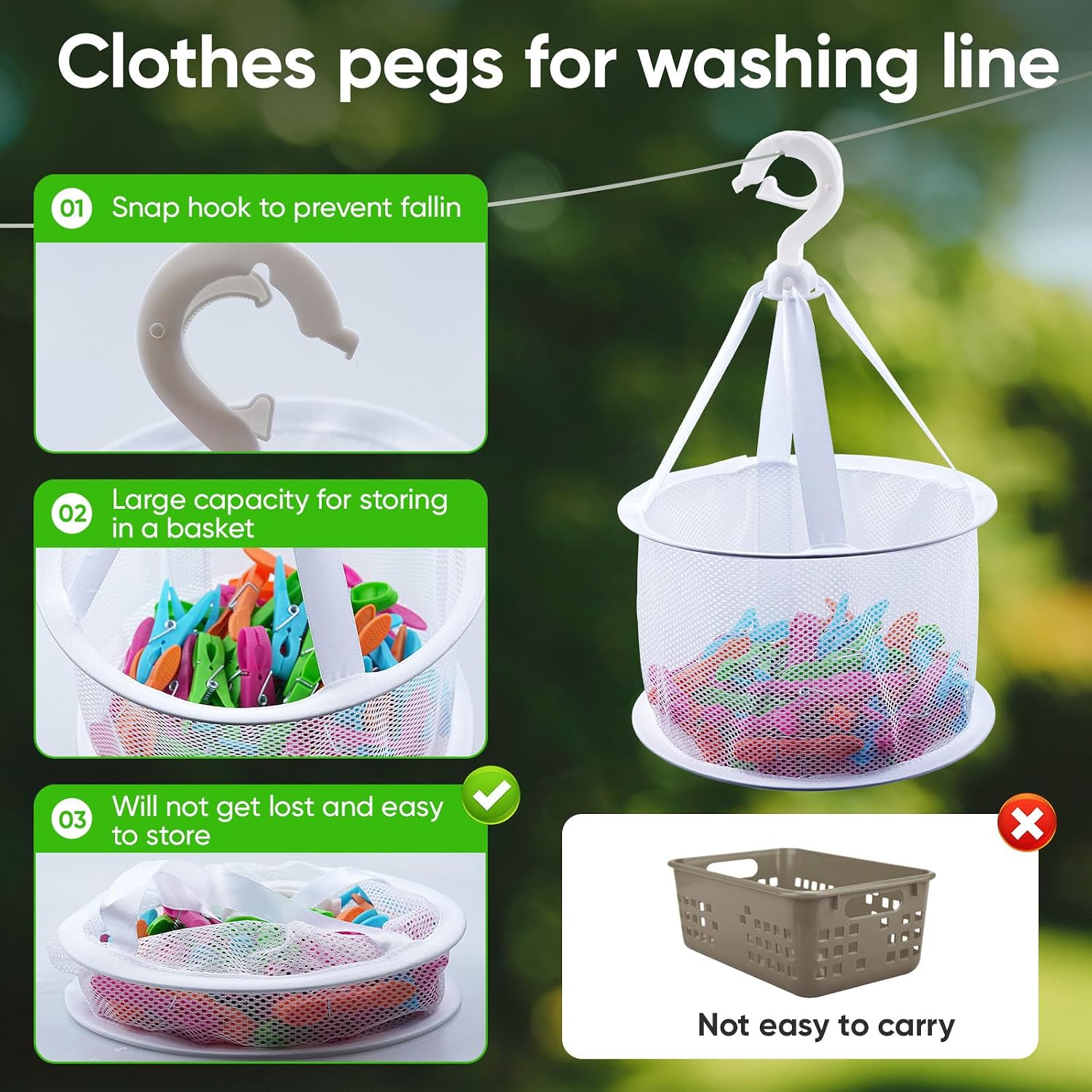Detalle 2 de 60 Pack Clothes Pegs with Bag – Extra Strong, Windproof, Non-Slip Laundry Clips in 4 Colours
