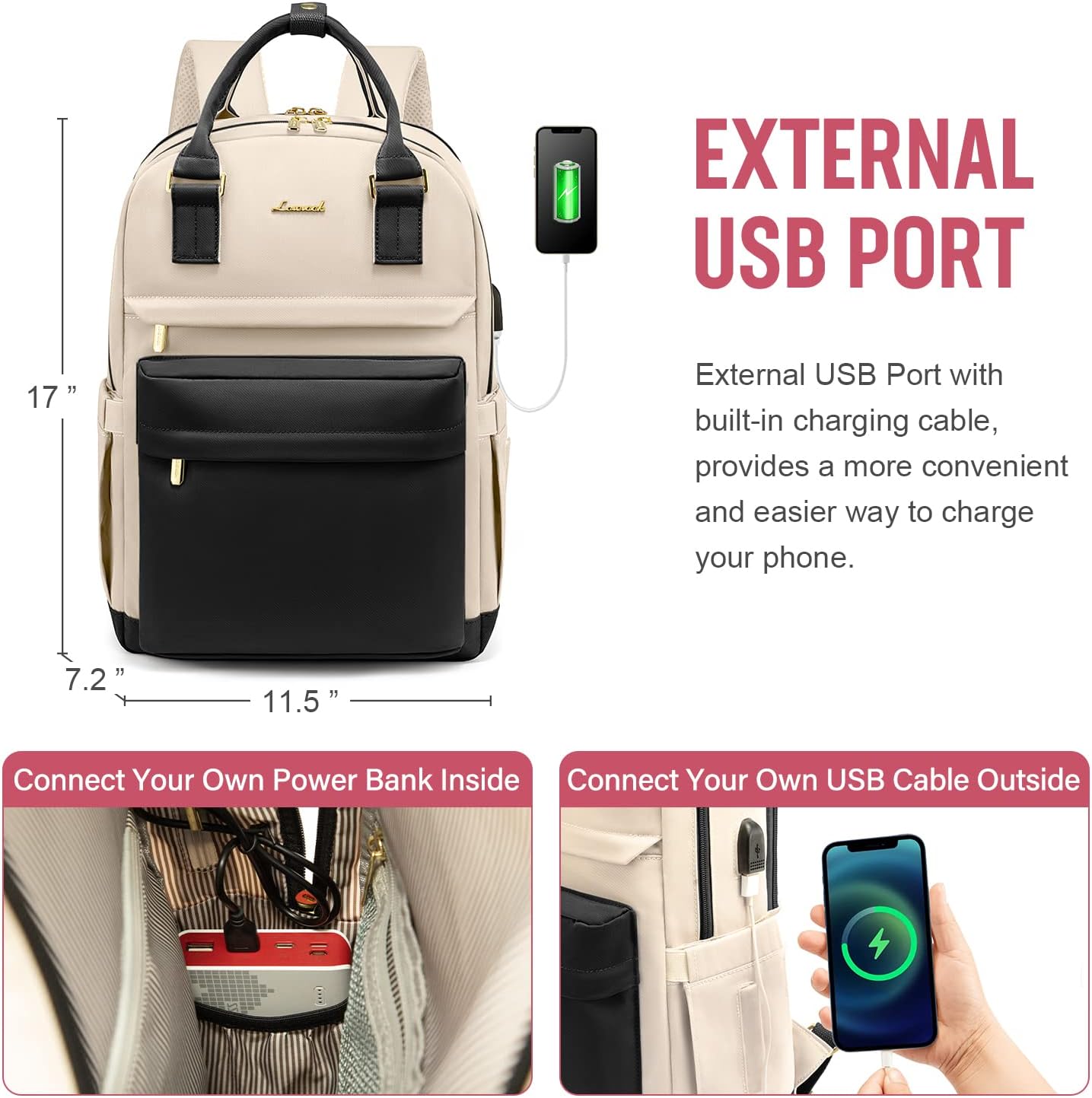 Detalle de LOVEVOOK Sac à Dos Femme 15,6" – Imperméable, Antivol avec Port USB et Compartiment PC, Noir-Beige