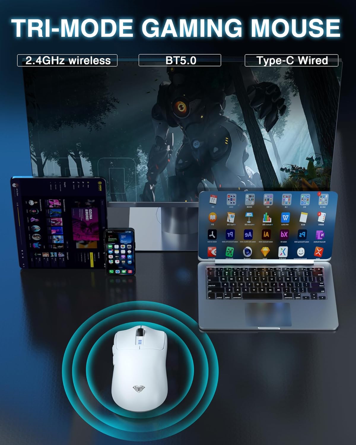 Detalle de AULA SC580 Wireless Gaming Mouse: a lightweight, tri-mode choice for multi-device gaming