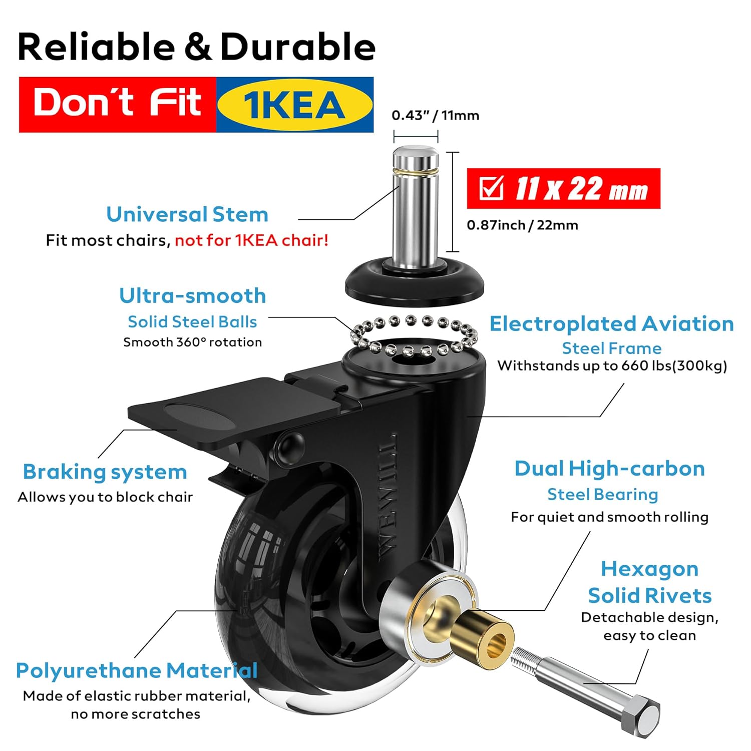 Detalle de WEWILL Bürostuhlrollen mit Bremse 11×22 mm – 5er Set, 75 mm, leise & bodenschonend (nicht kompatibel mit IKEA)