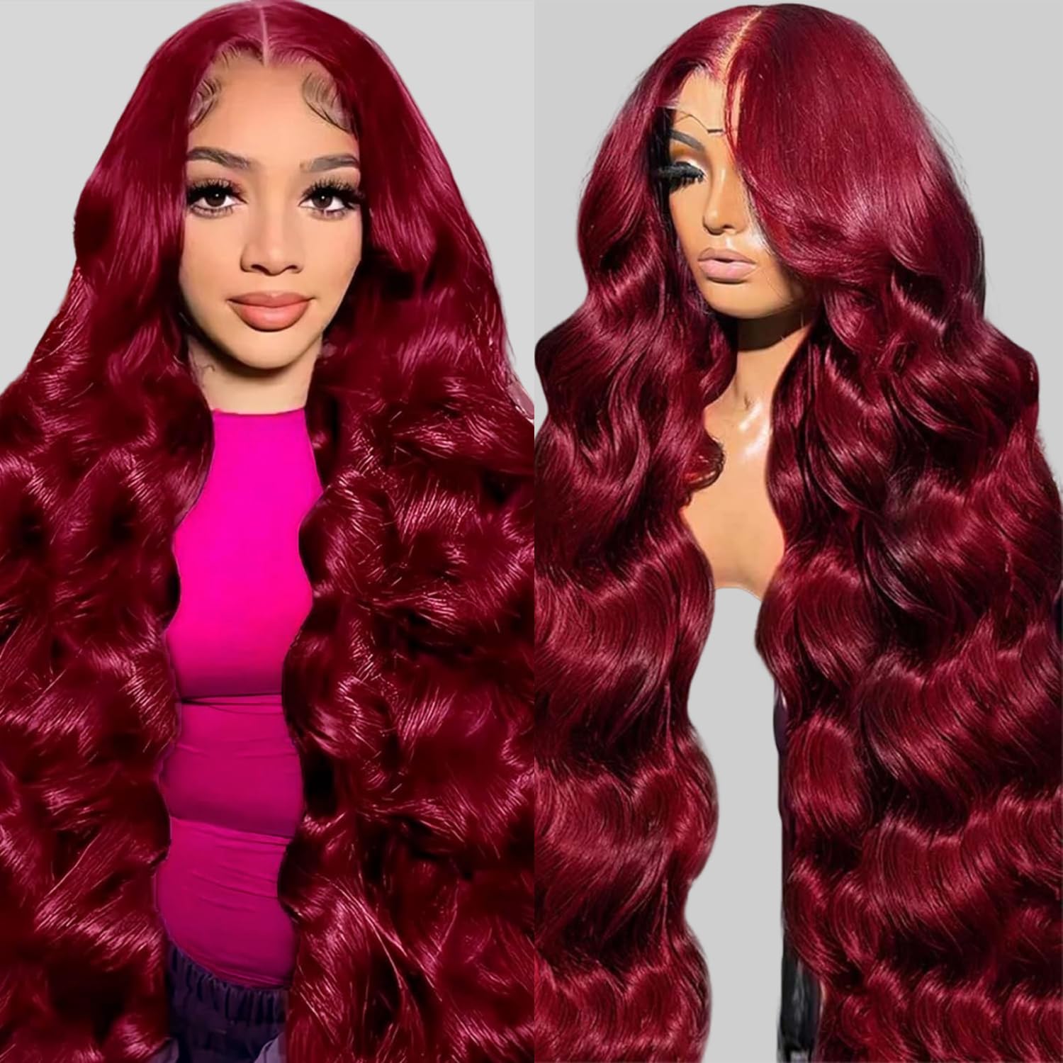 Detalle de QZOQZO 99J Burgundy 24-Inch Human Hair Lace Front Wig, 13x6 Body Wave