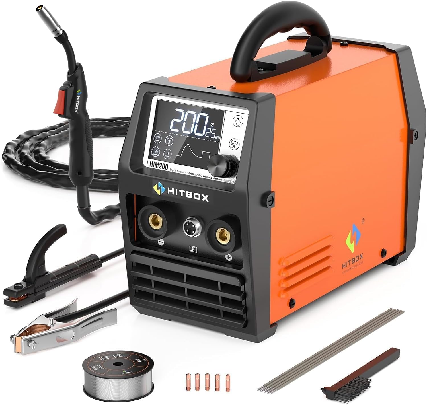 Detalle de HITBOX HIM200 – spawarka 4-w-1 MIG bezgazowa, MMA/ARC i LIFT TIG, 230 V