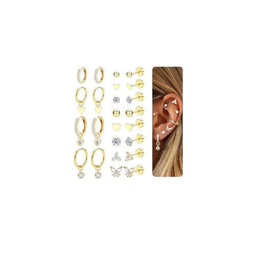 Detalle de CASSIECA: 15 pares de pendientes dorados para mujer — aro, botón y colgante en acero quirúrgico hipoalergénico