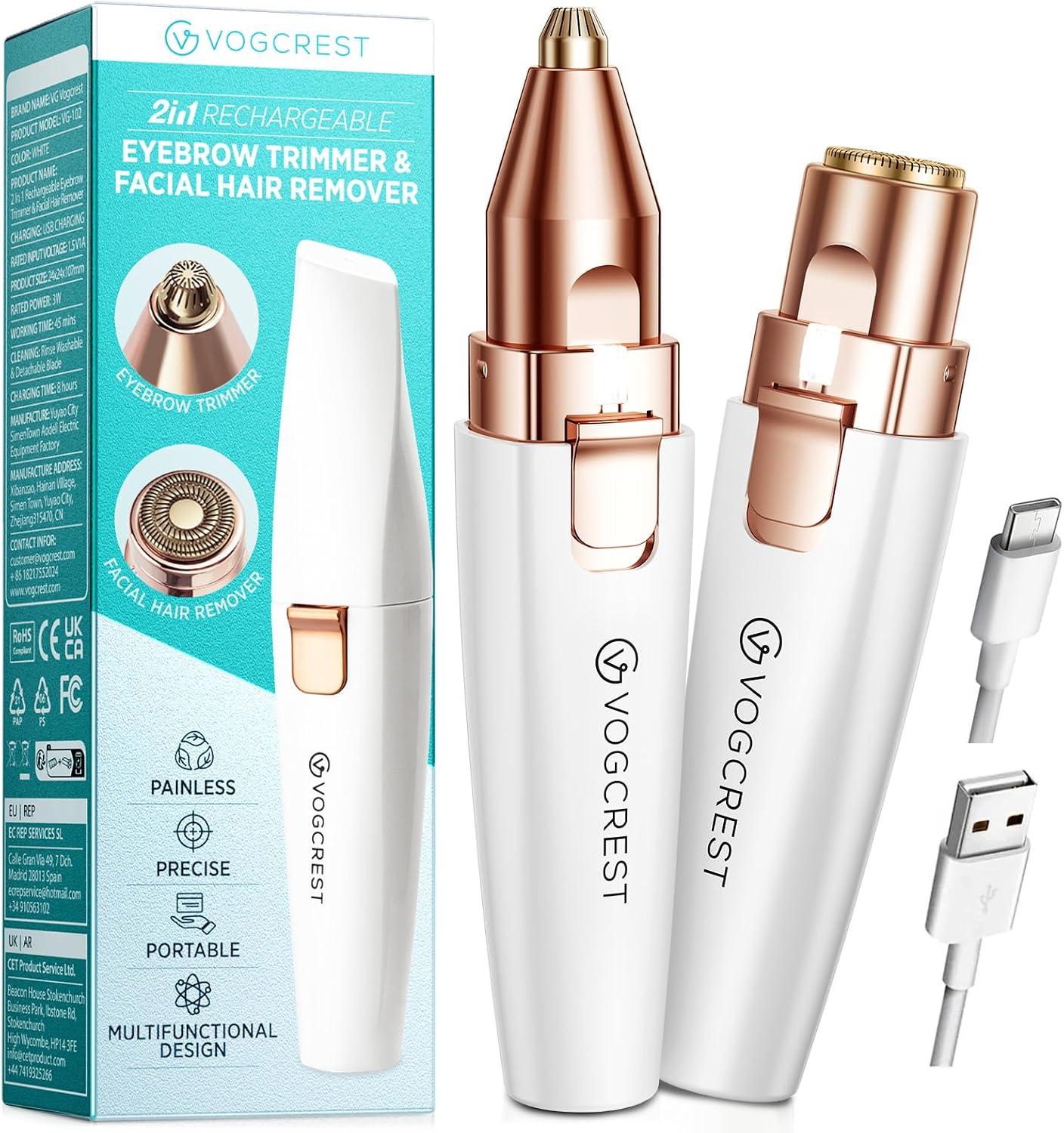 Detalle de VG VOGCREST Oogenbrauen-gezichtsstrimmer, 2-in-1 met LED-licht