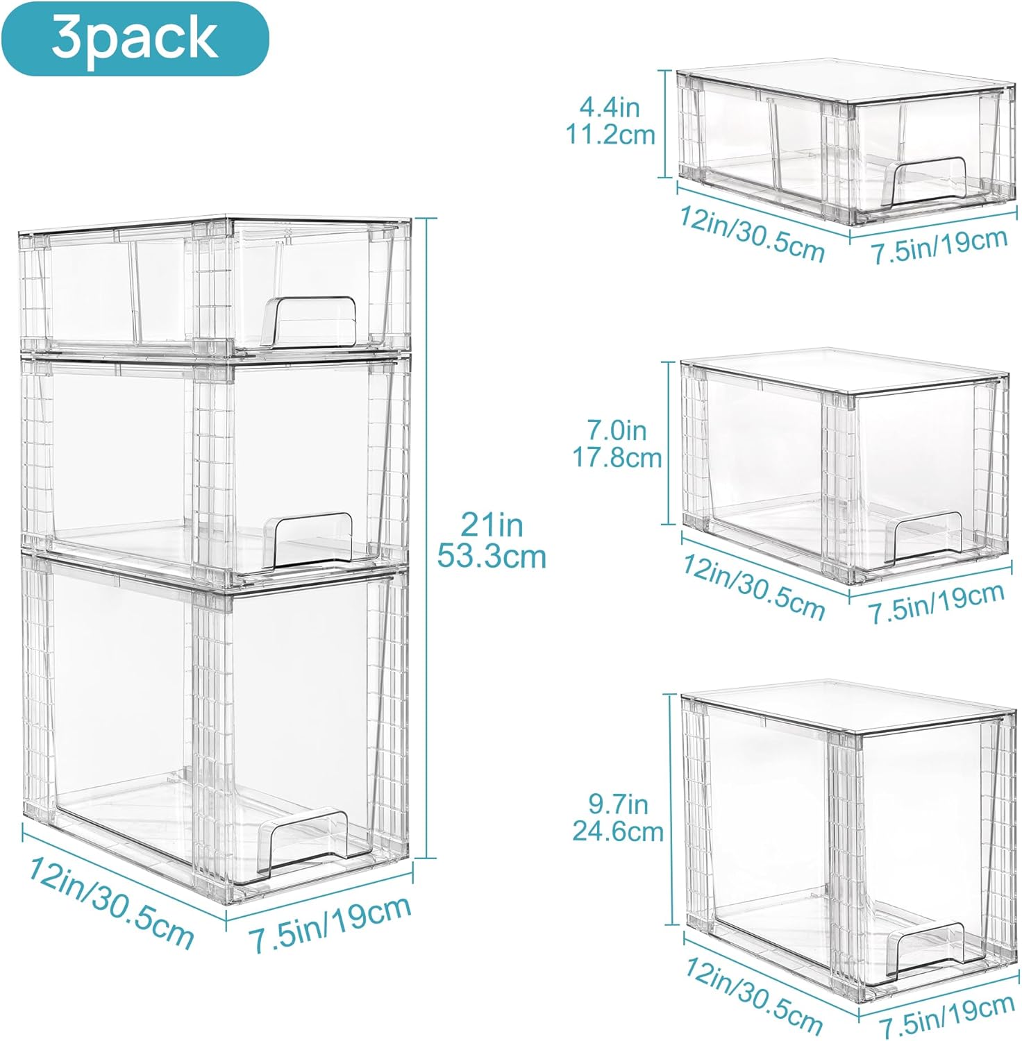 Detalle de Vtopmart 3er-Set Stapelbare Klare Aufbewahrungs-Schubladen mit Griffen – Transparente Acryl-Boxen für Küche, Bad, Schrank & Unterm Waschbecken