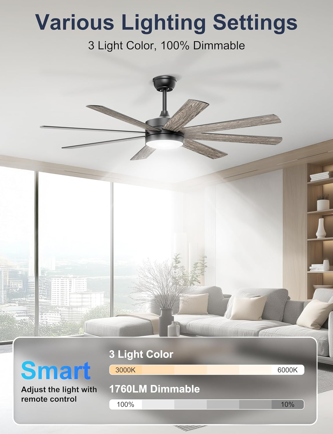 Detalle 1 de Phylluz ZS106 60-Inch Ceiling Fan with Light, 8 Blades and App Control
