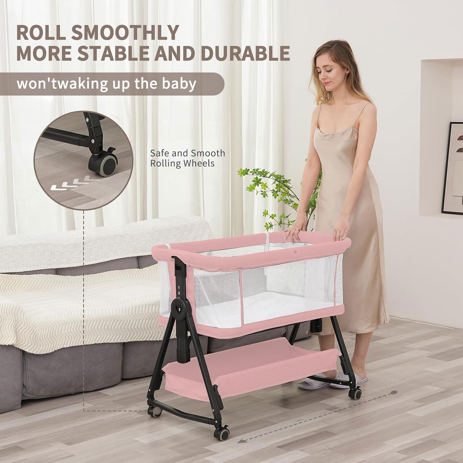 Detalle de Jestonten JJ001 3-in-1 Bedside Bassinet, 7 Height Settings, Pink