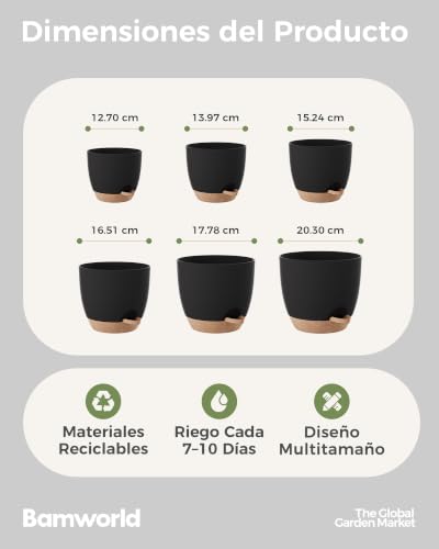 Detalle de Bamworld Macetas Autorriego de Interior (Pack 6, 13–20 cm) con Base Integrada