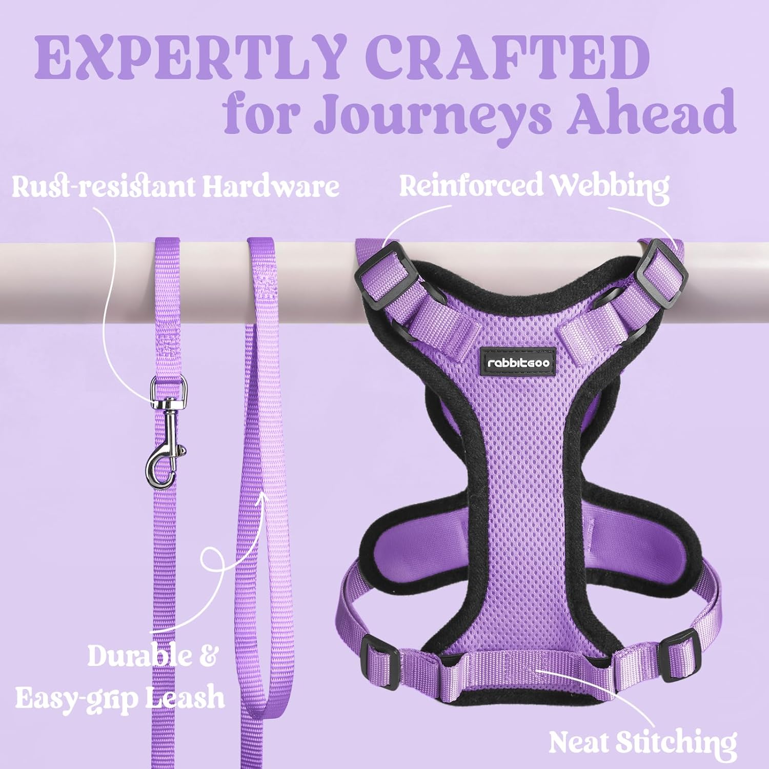 Thumbnail 6 de rabbitgoo Cat Harness and Lead Set (Escape Proof) with Reflective Adjustable Vest, Light Purple, Medium–Large (M)
