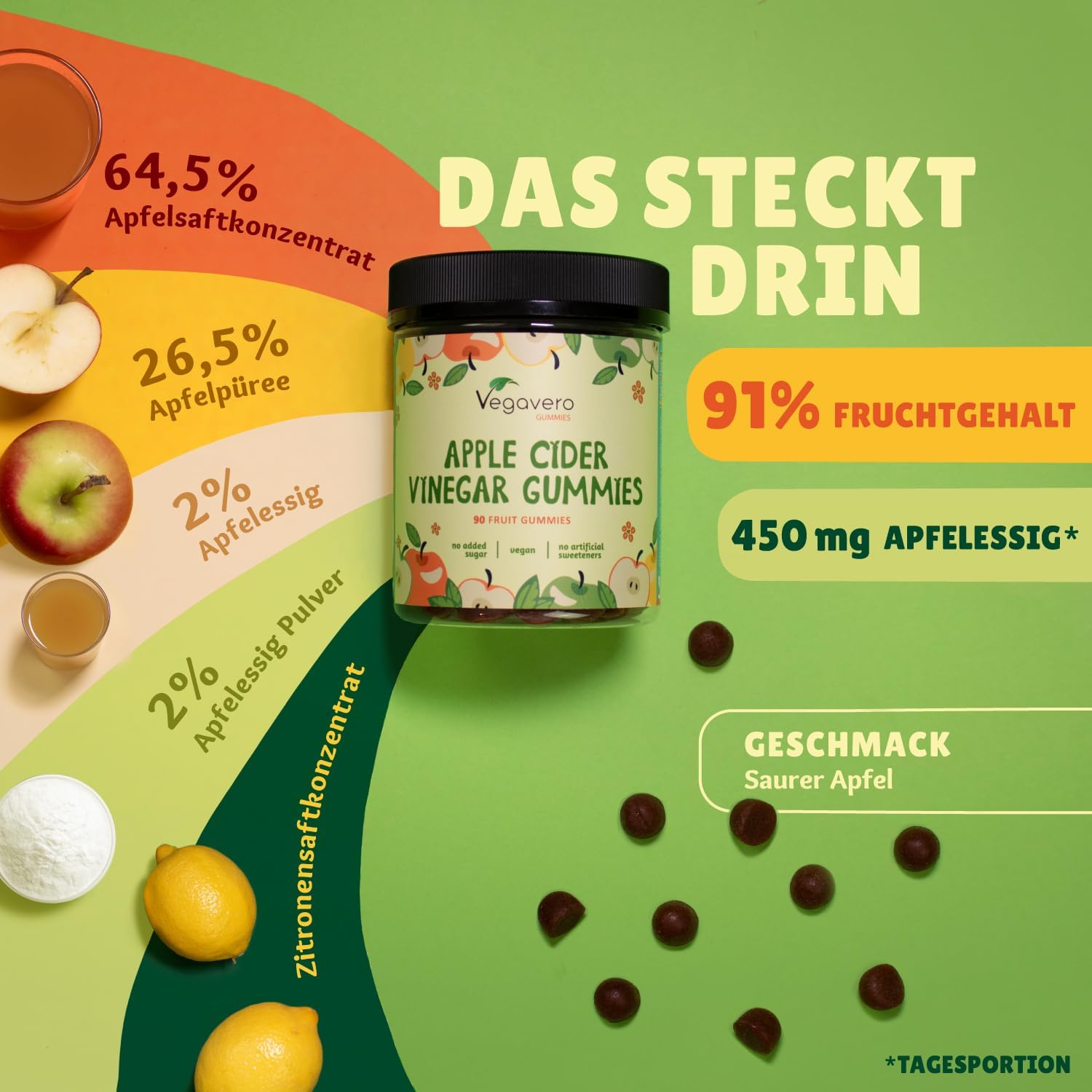 Detalle de Vegavero Apfelessig Gummibärchen 90 Stück 🍬