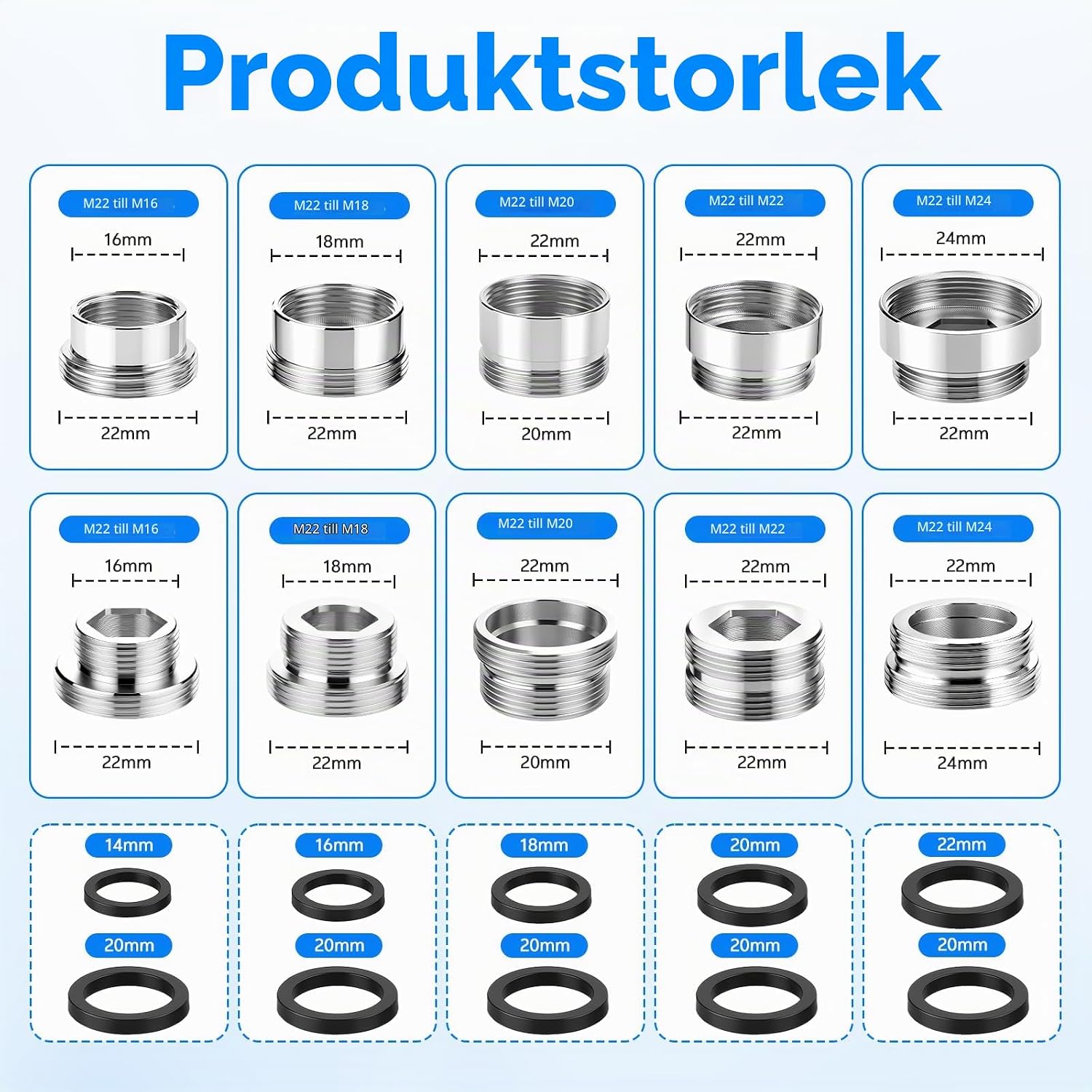 Thumbnail 1 de Zocipro 10-pack kranadaptersats i mässing, M16–M22 med packningar