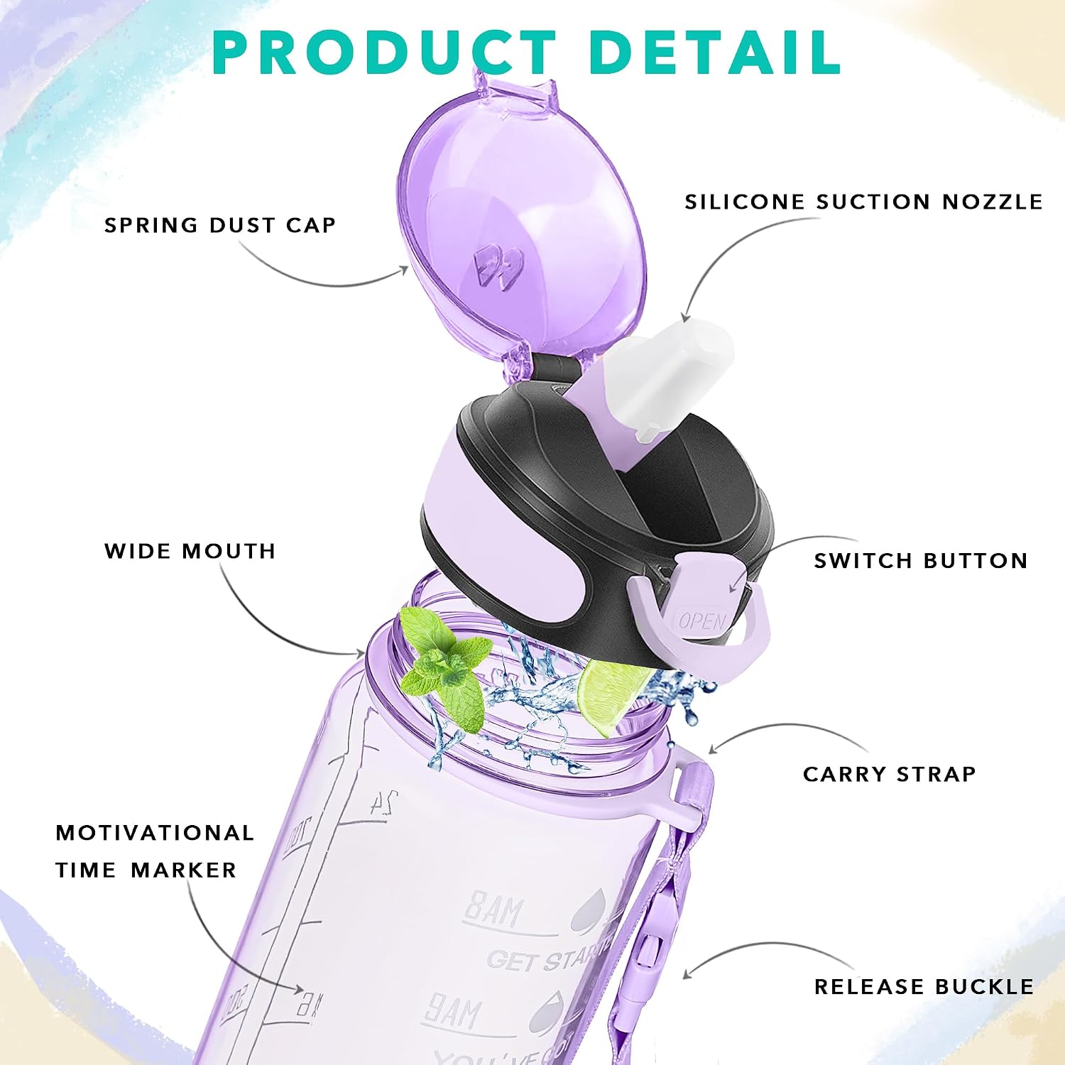 Detalle de Enerbone 32 oz Water Bottle with Straw, Time Markers and Carrying Strap