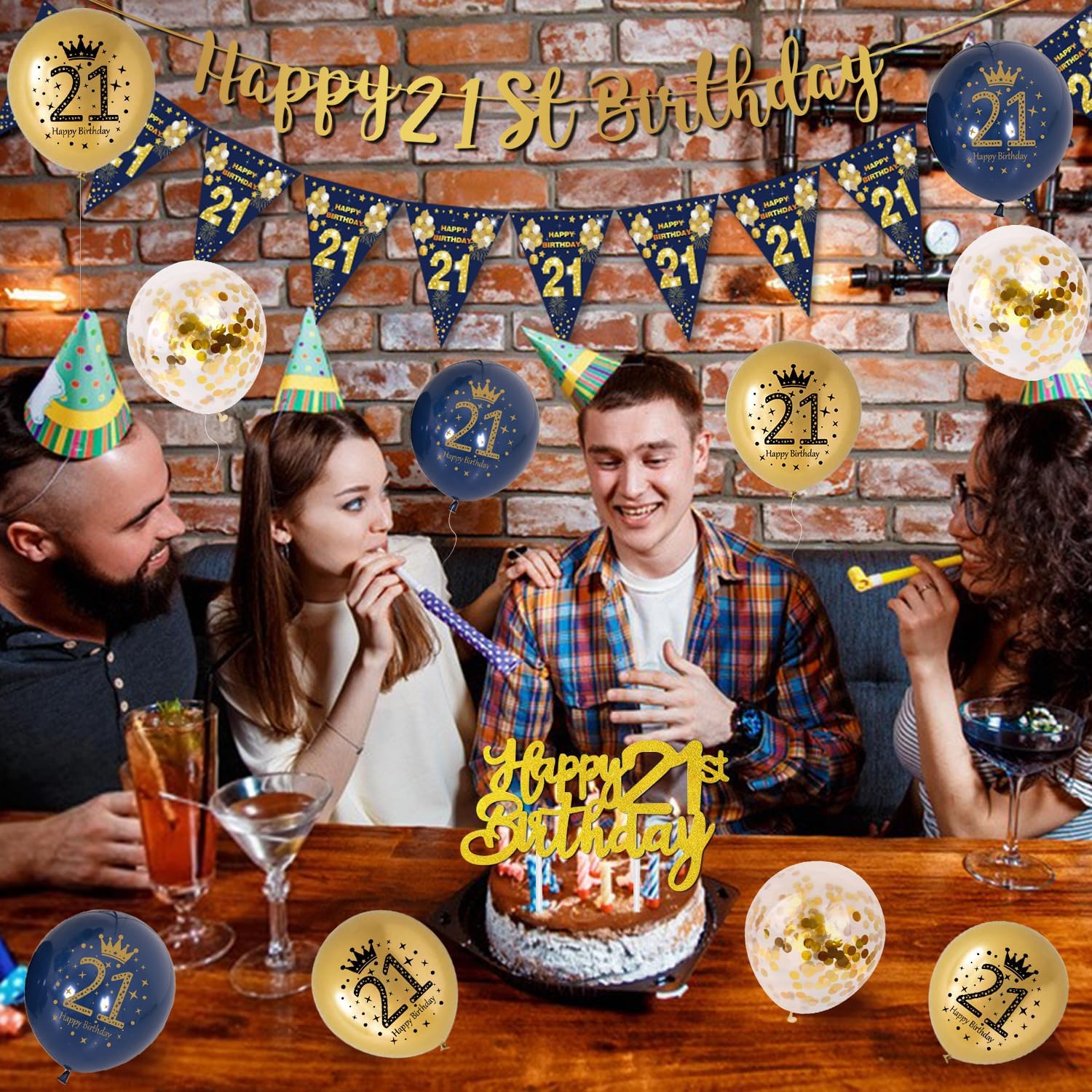 Thumbnail 2 de 21st Birthday Decorations for Men (Blue & Gold) – Banner, Foil Balloon, Confetti Balloons & More