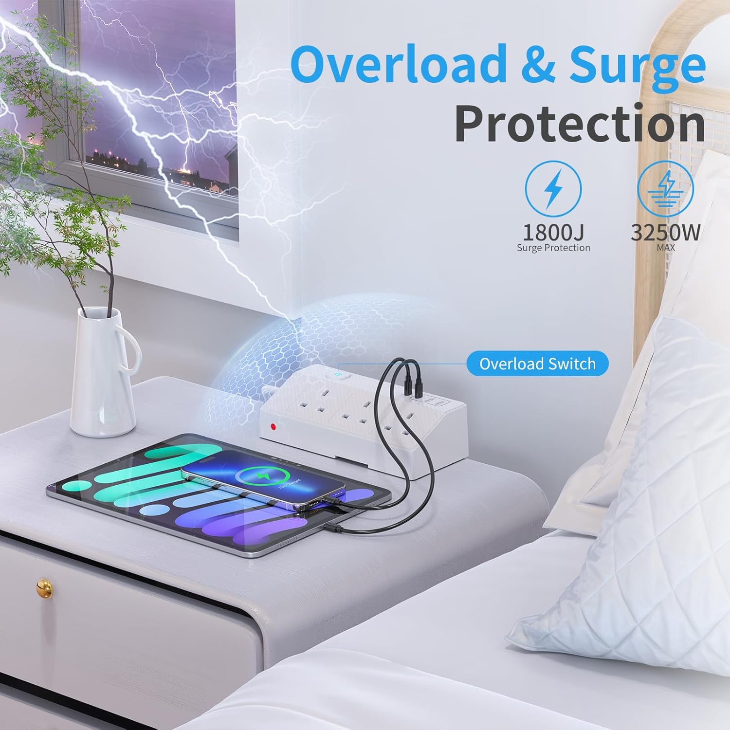 Thumbnail 3 de HAFINO PD 20W Desk Power Socket with USB-C slots and USB-A ports (7-in-1), 2m extension lead with clamp, White