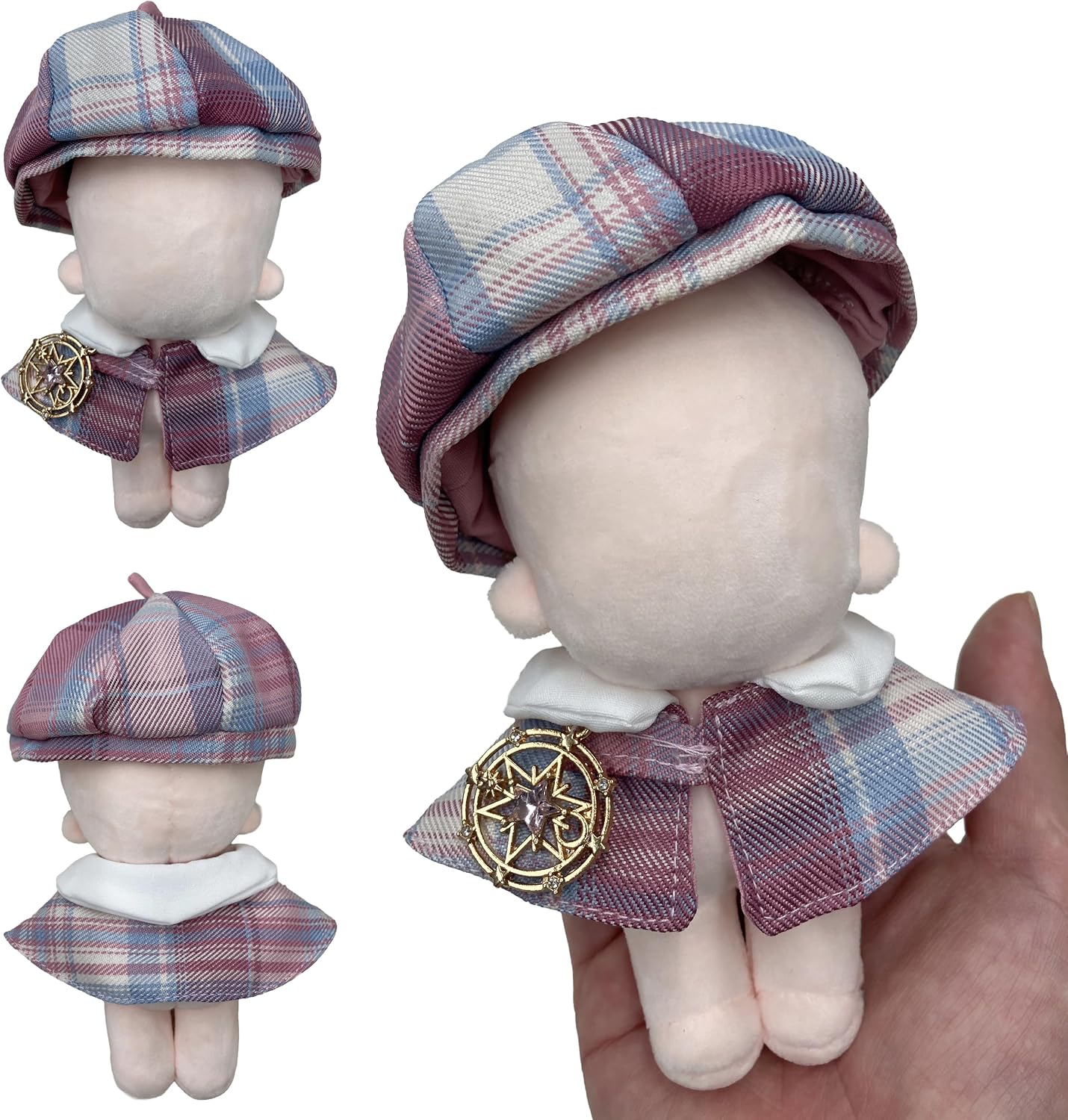 Detalle de G.triger 10cmぬい用チェック柄ベレー帽&星ブローチ付きポンチョセット ピンク