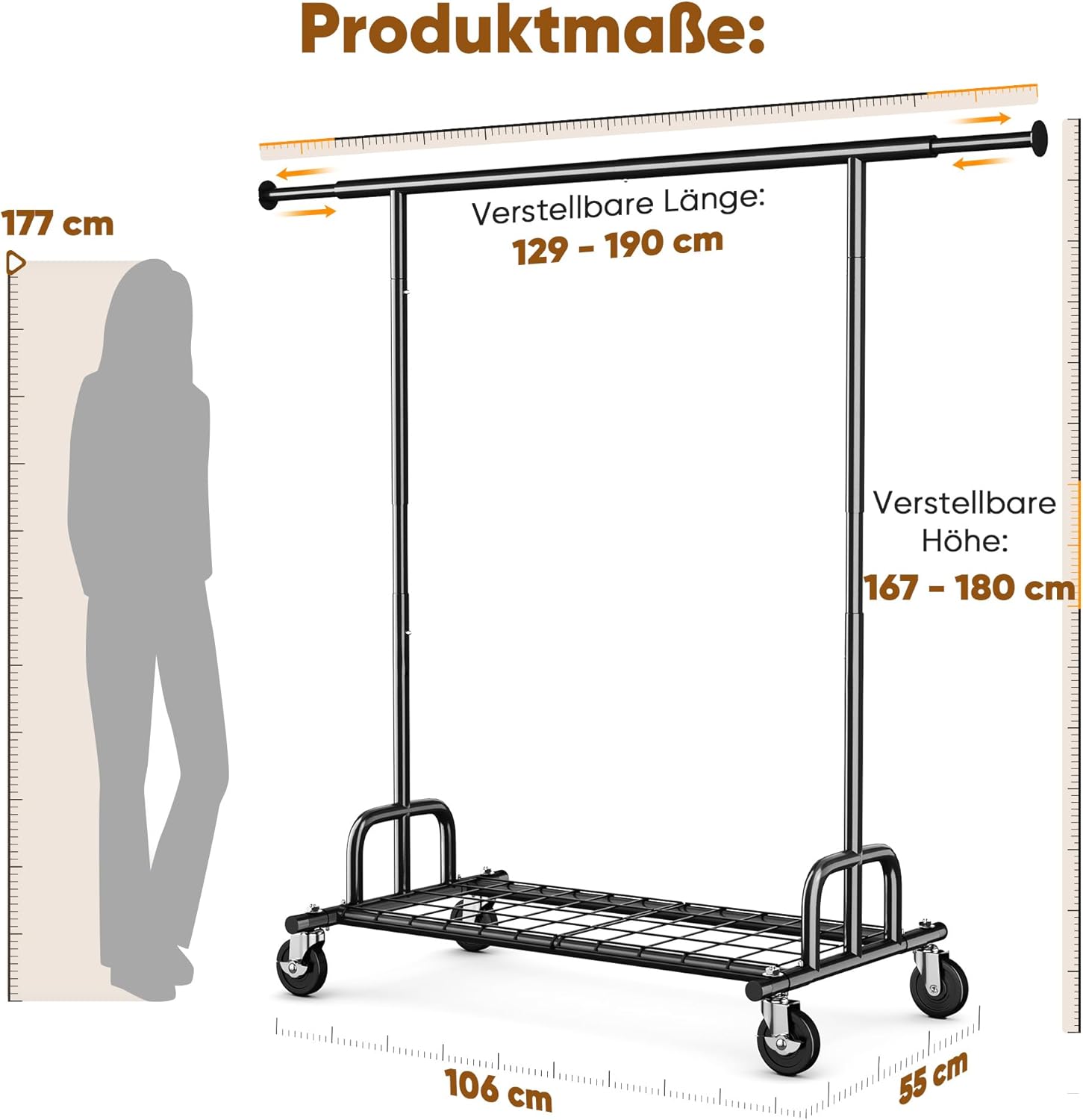 Detalle de HOKEEPER Heavy Duty Clothes Rail 238kg Capacity — Extendable, Locking Wheels and Bottom Shelf