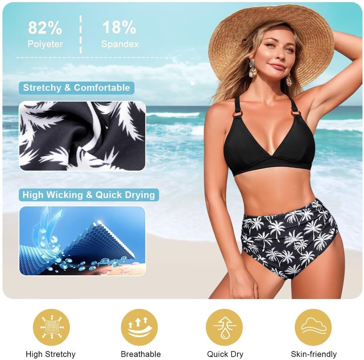 Thumbnail 3 de Sillictor High Waisted Bikini Set with Cross Back Tie Closure – 2 Piece Tummy Control Swimwear