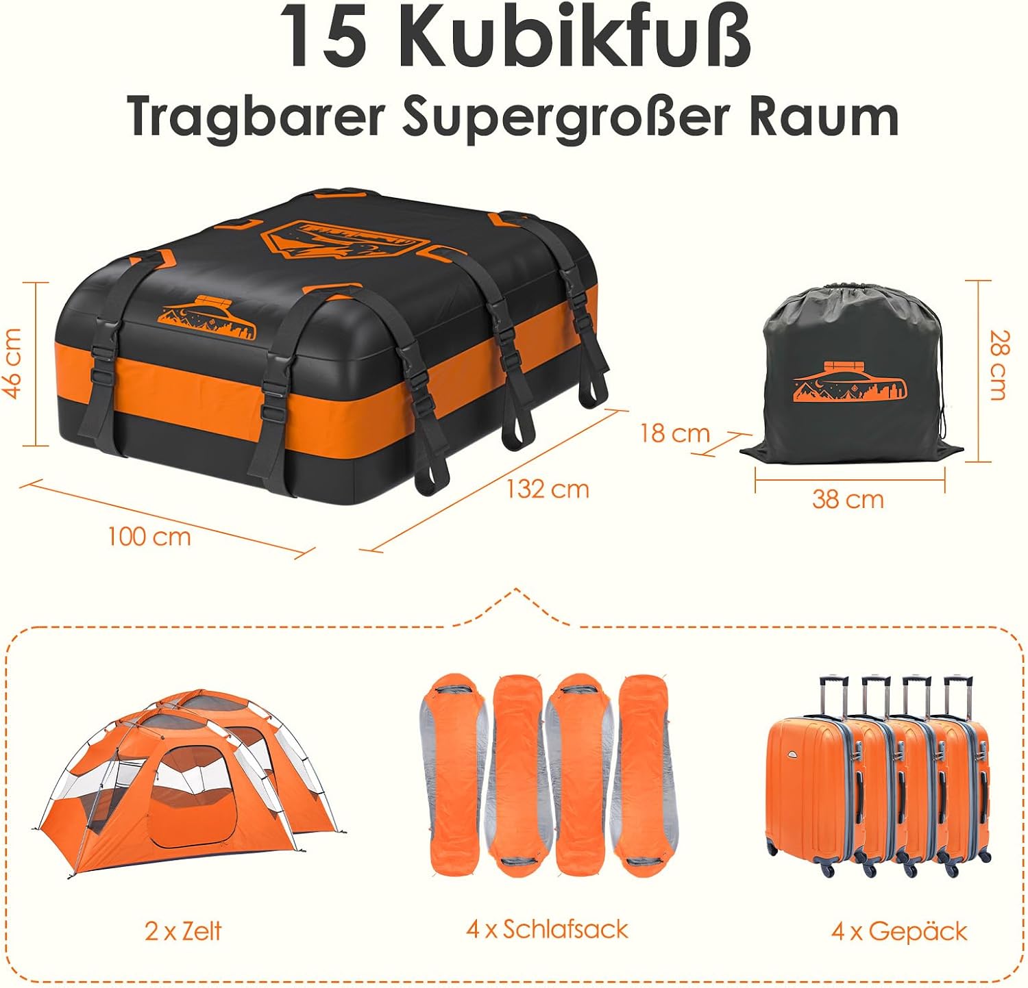 Detalle de Rymopuey Faltbare Dachbox 15–21 m³, 700D Wasserdicht mit Anti-Rutsch-Matte und 6 Gurten – Orange