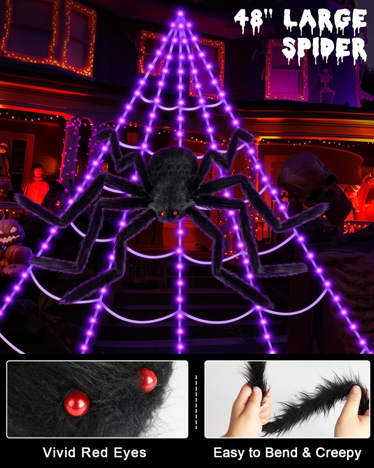 Detalle 2 de ECOHDT spider web-purple Halloween Spider Web Lights, 250 Purple LEDs, Remote