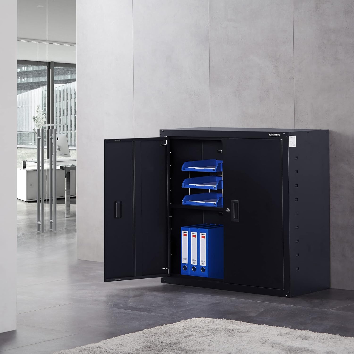 Thumbnail 1 de Arebos Aktenschrank / Büroschrank mit abschließbarem Stahlsystem, höhenverstellbarem Einlegeboden (90 x 90 x 40 cm)