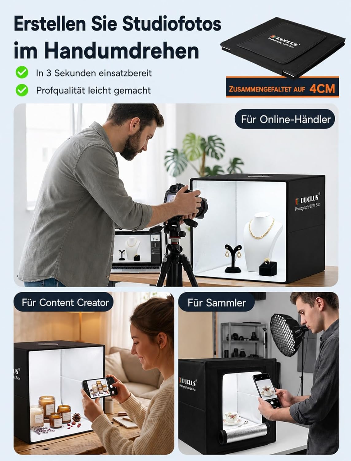 Detalle 2 de DUCLUS Fotobox 40×40 cm Fotostudio mit 160 LEDs