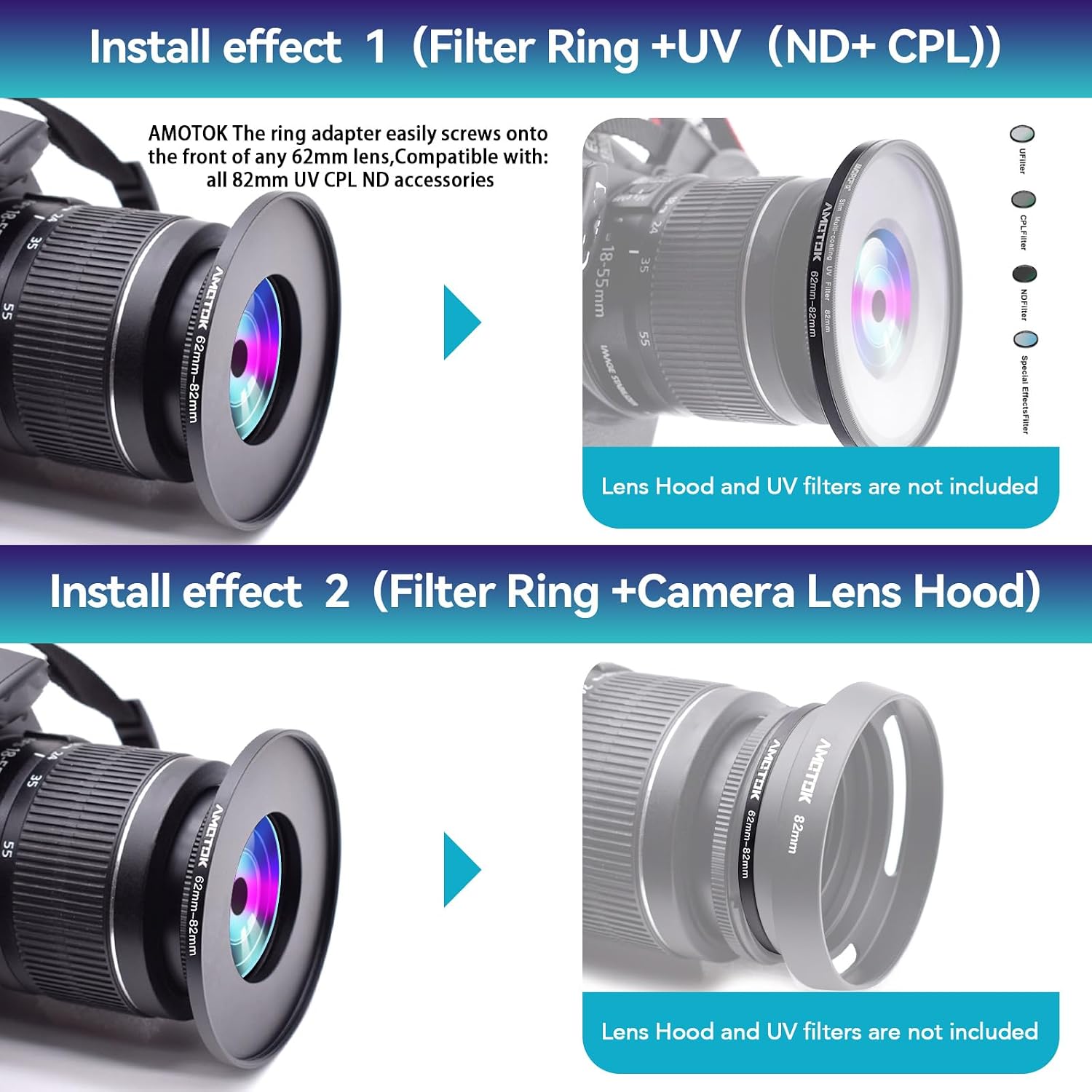 Detalle 2 de 62mm to 82mm Camera Lens Adapter Step-up Ring for 82mm filters and accessories