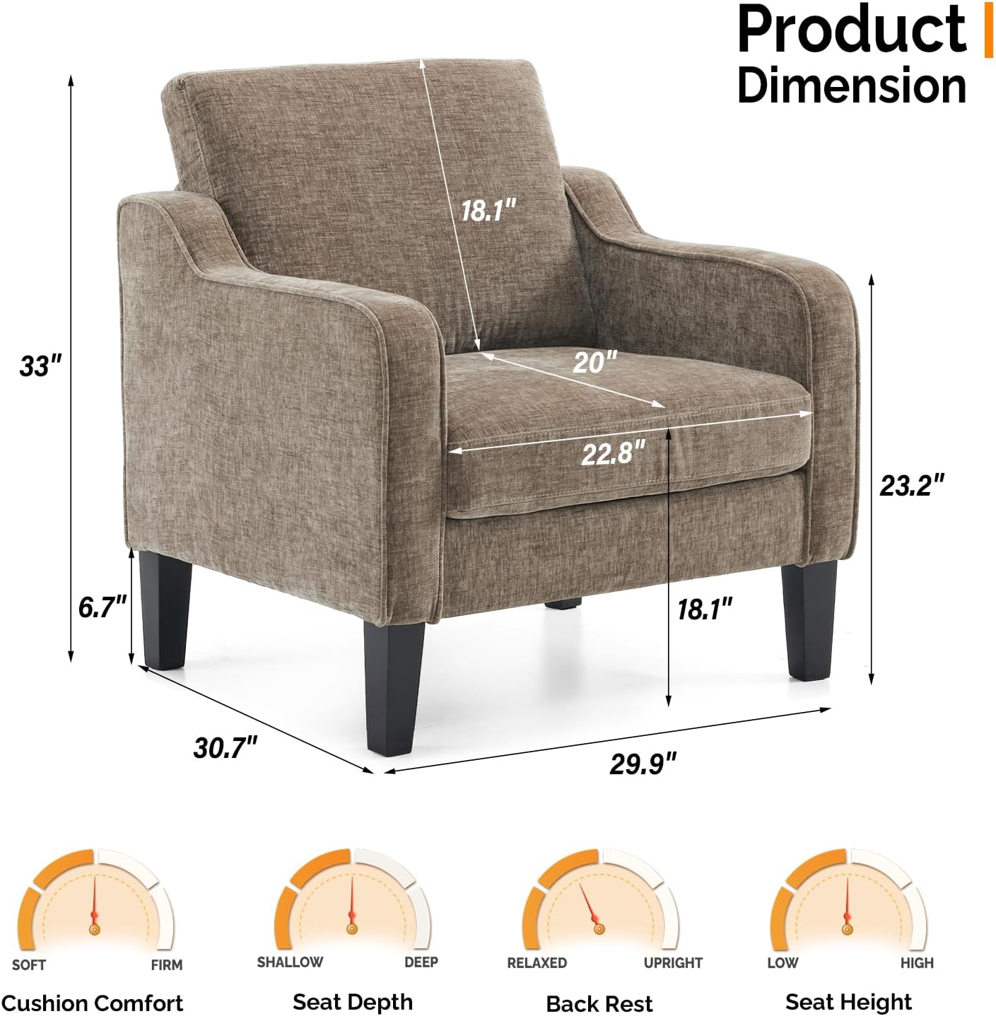 Thumbnail 2 de VINGLI Accent Chair for Living Room – Light Brown Upholstered Mid-Century Modern Reading Chair