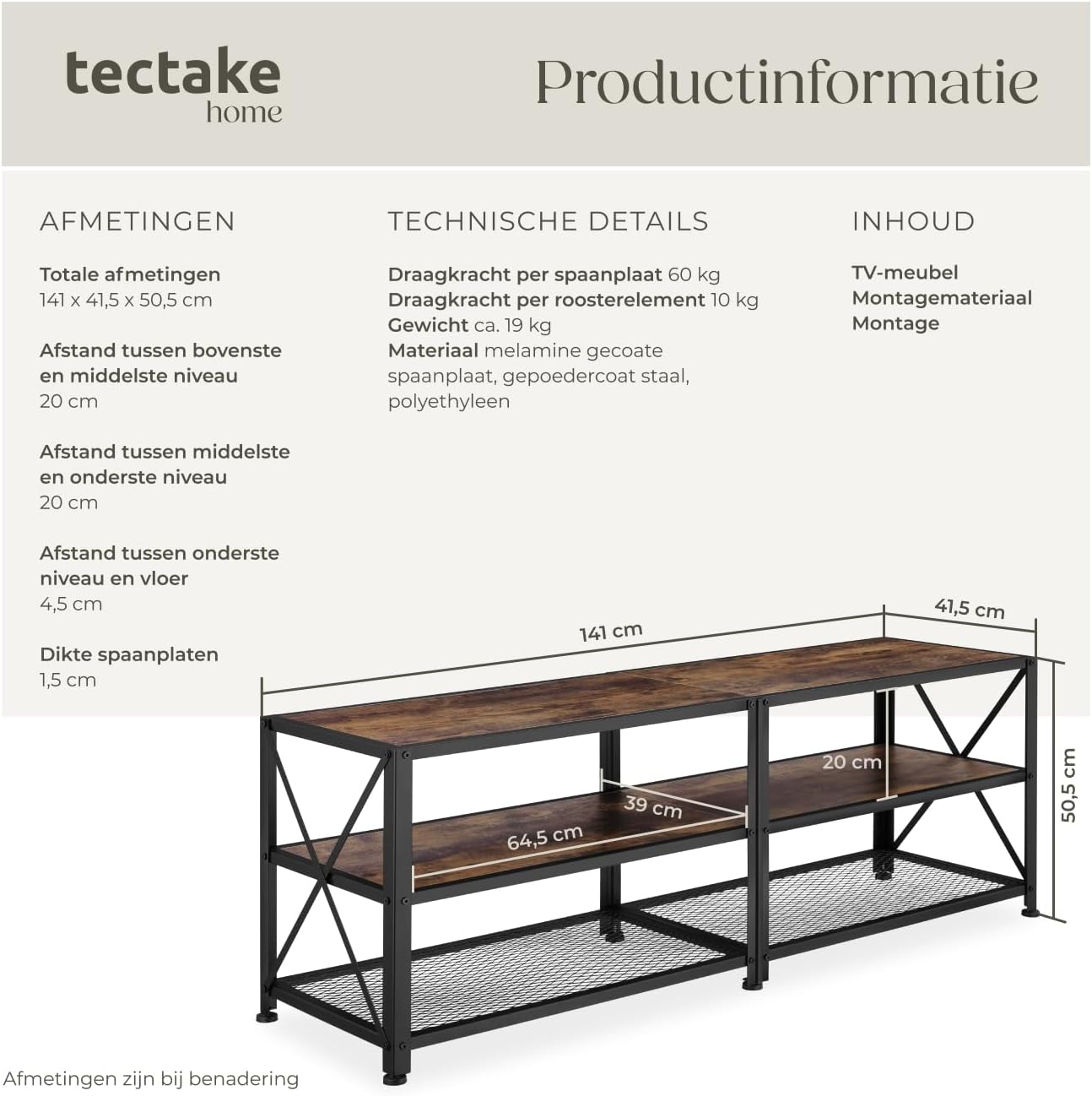 Thumbnail 6 de tectake 404541 tv-meubel met 3 open vakken, donkerbruin en zwart metaal