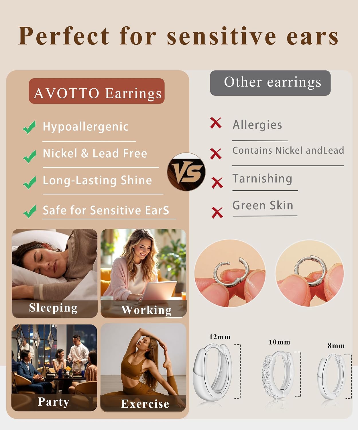 Thumbnail 2 de AVOTTO 3 Pairs Silver Earrings for Women – Hypoallergenic Sterling Silver Small Huggie Hoops