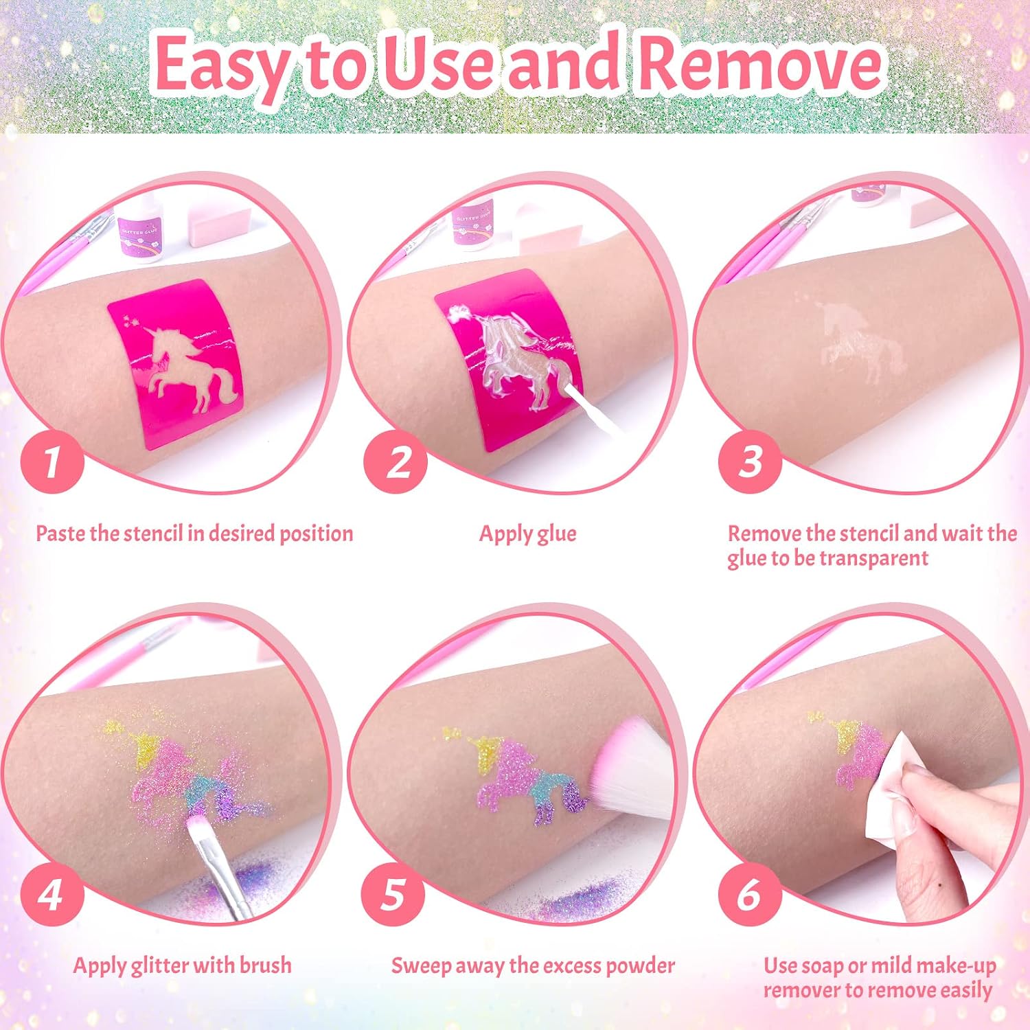 Thumbnail 4 de Highttoy Glitzer Tattoo Set für Mädchen – 38 Farben, 150 Schablonen, 5 Pinsel und 3 Kleber