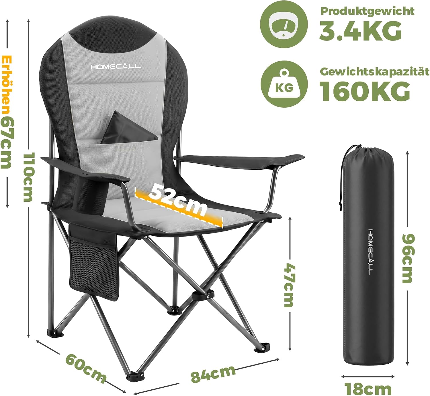 Detalle 2 de Homecall Campingstuhl Faltbar bis 150 kg – Angelstuhl 108 cm, Grau (2 Stück)