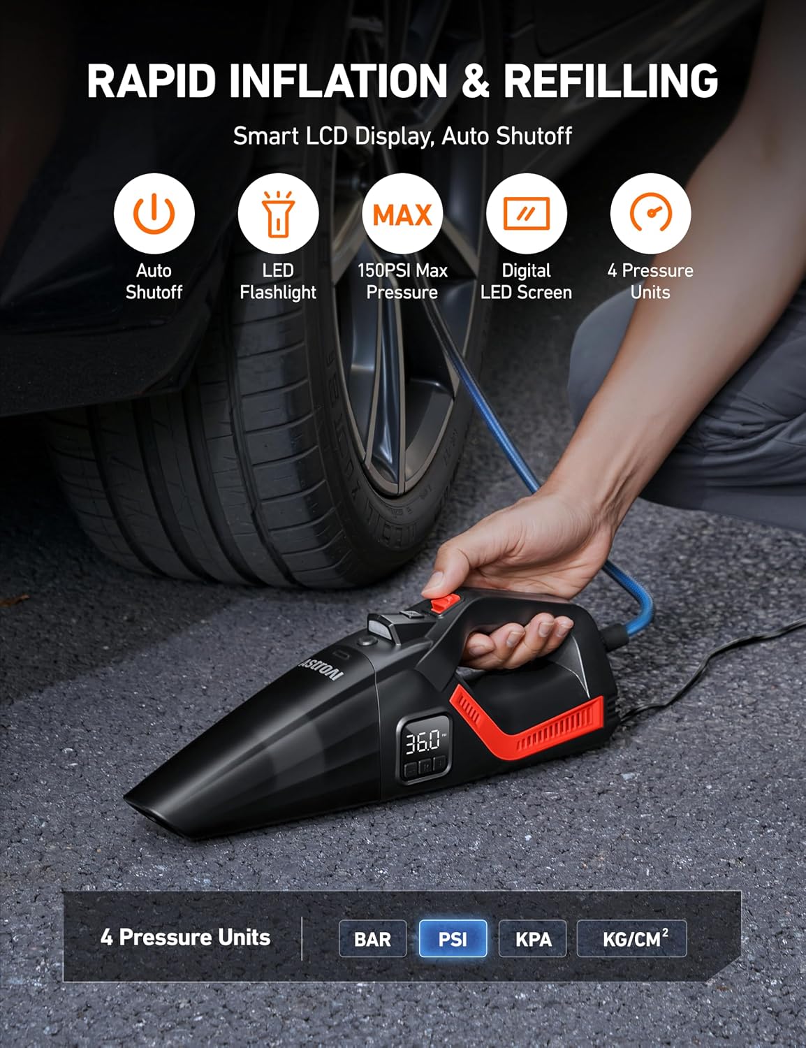 Detalle de AstroAI V3 4-in-1 Car Vacuum and Tire Inflator with 150 PSI Pump