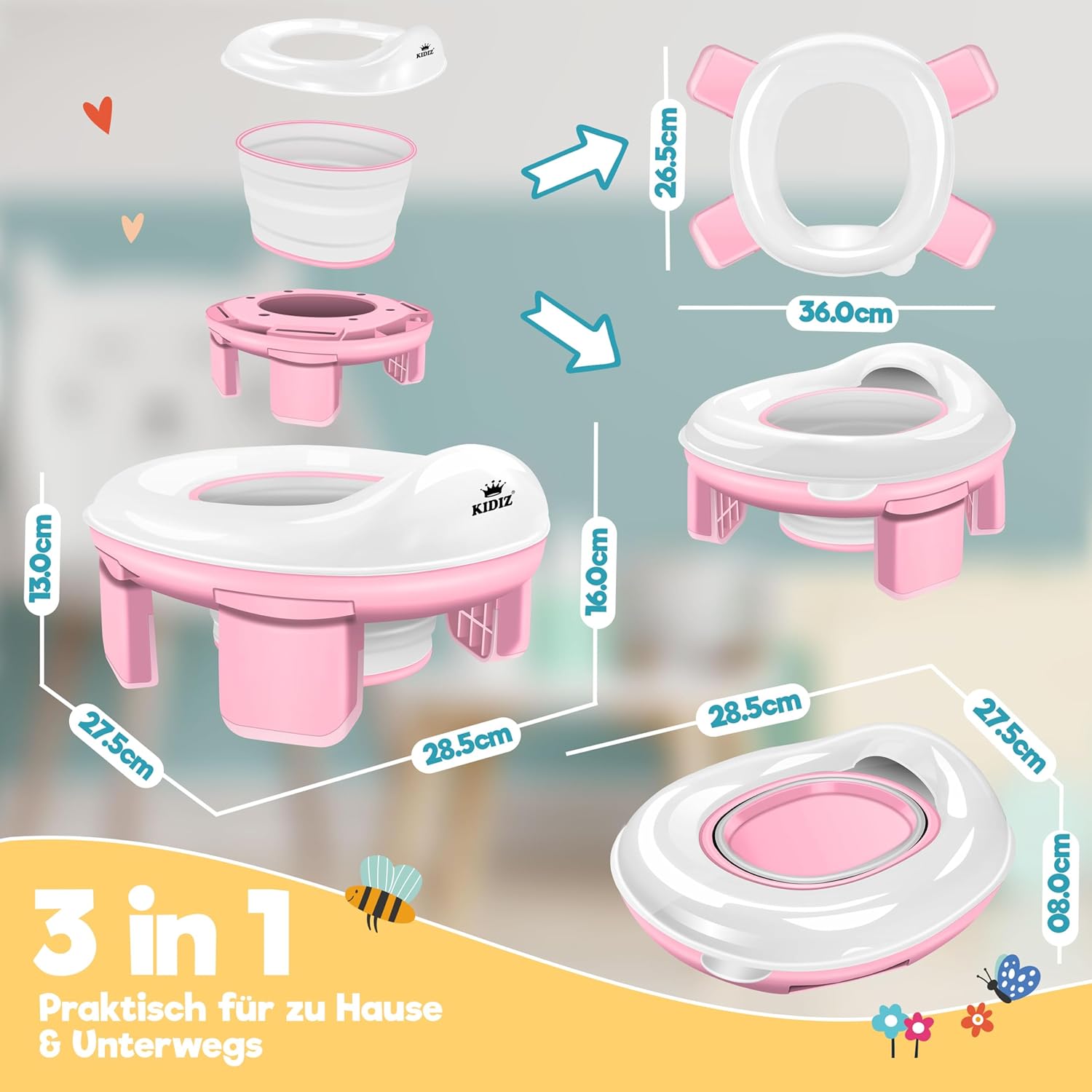 Detalle 2 de KIDIZ® Toilettensitz Kinder Töpfchen: 3-in-1 Lernhilfe für unterwegs mit Abfallsack-Option