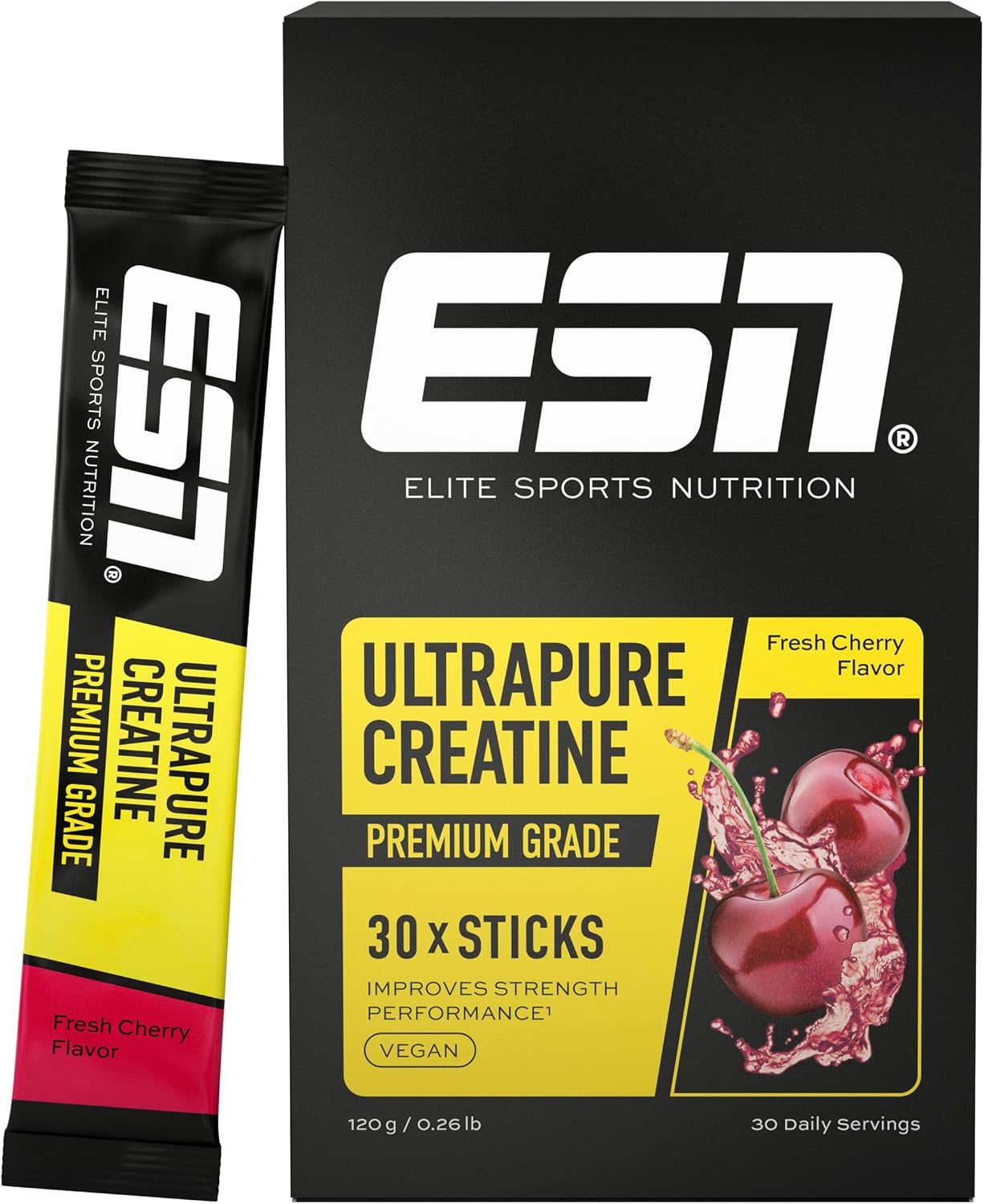 ESN Ultrapure Creatina Monoidrato in stick – 30 bustine al gusto Ciliegia fresca, protezione vegan e solubile