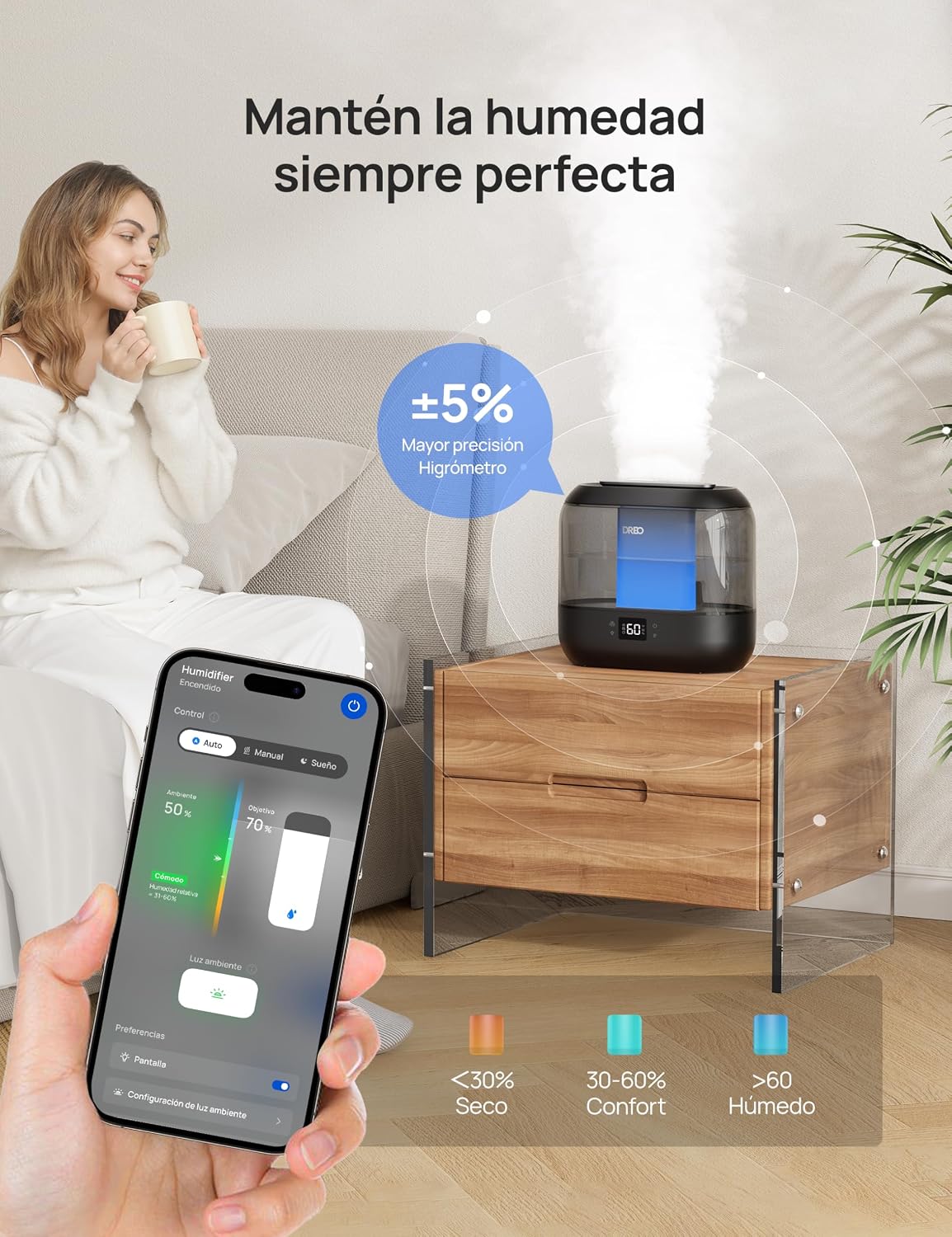 Detalle de Dreo humidificador inteligente para dormitorio con vapor frío de 4L, luz nocturna y control por app/Alexa