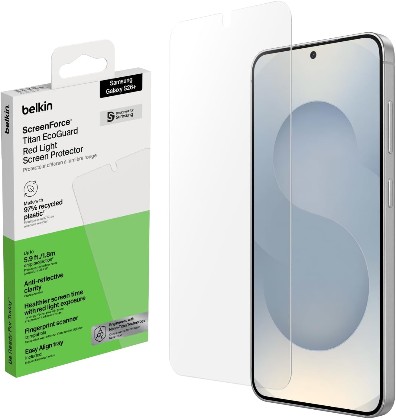Detalle de Belkin ScreenForce Titan EcoGuard: Protection d'écran avec filtre lumière rouge pour Samsung Galaxy S26+