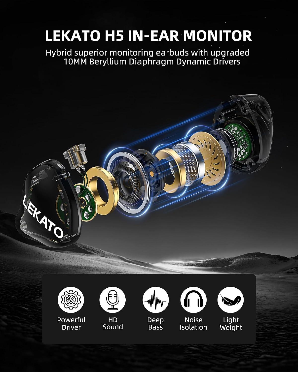 Detalle 2 de LEKATO H5: In-Ear Monitors with Hybrid 1BA + 1DD, Detachable 2-Pin Cable