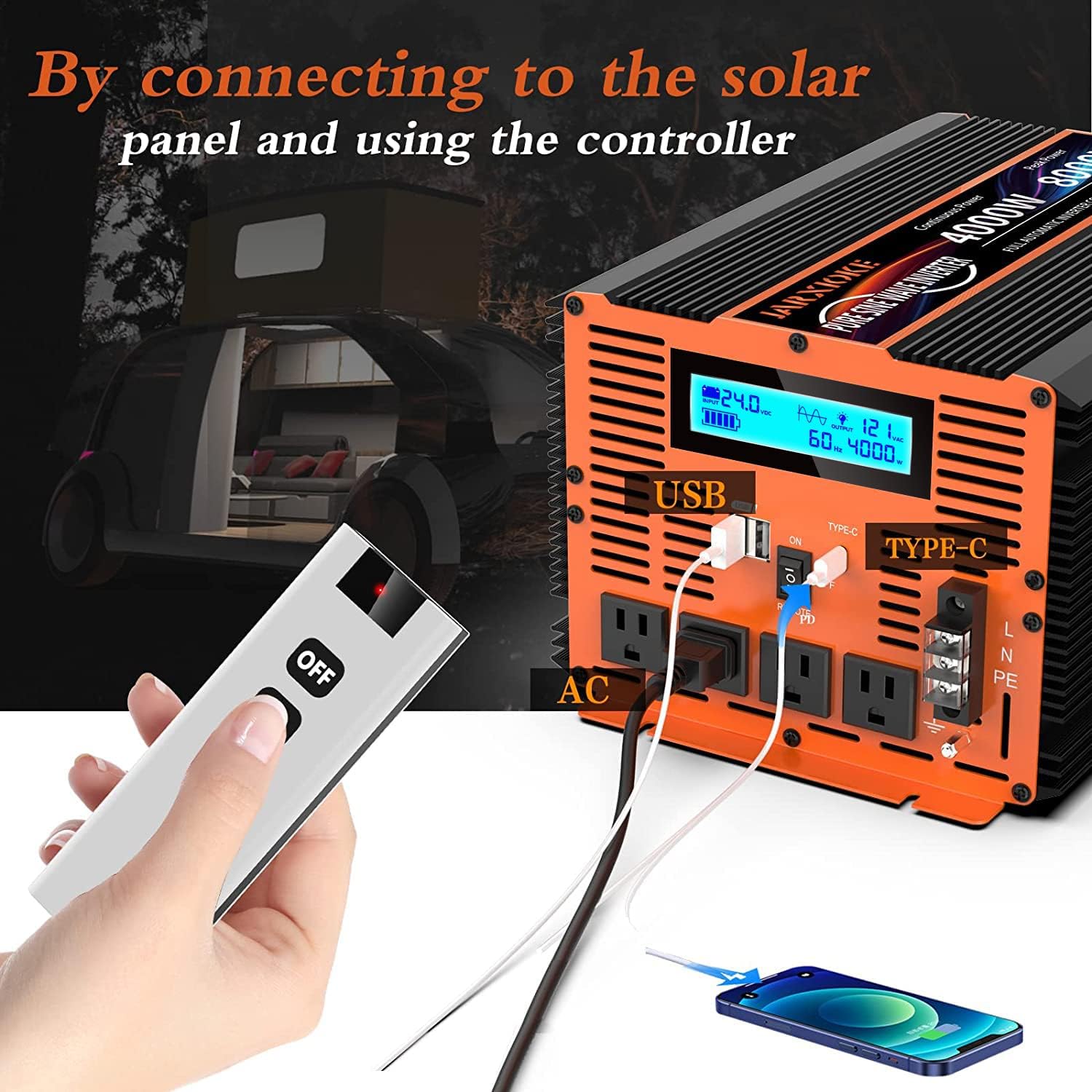 Detalle de 4000 Watt Pure Sine Wave Power Inverter (24V DC to 110/120V) with Remote, LCD, and Dual USB – JARXIOKE