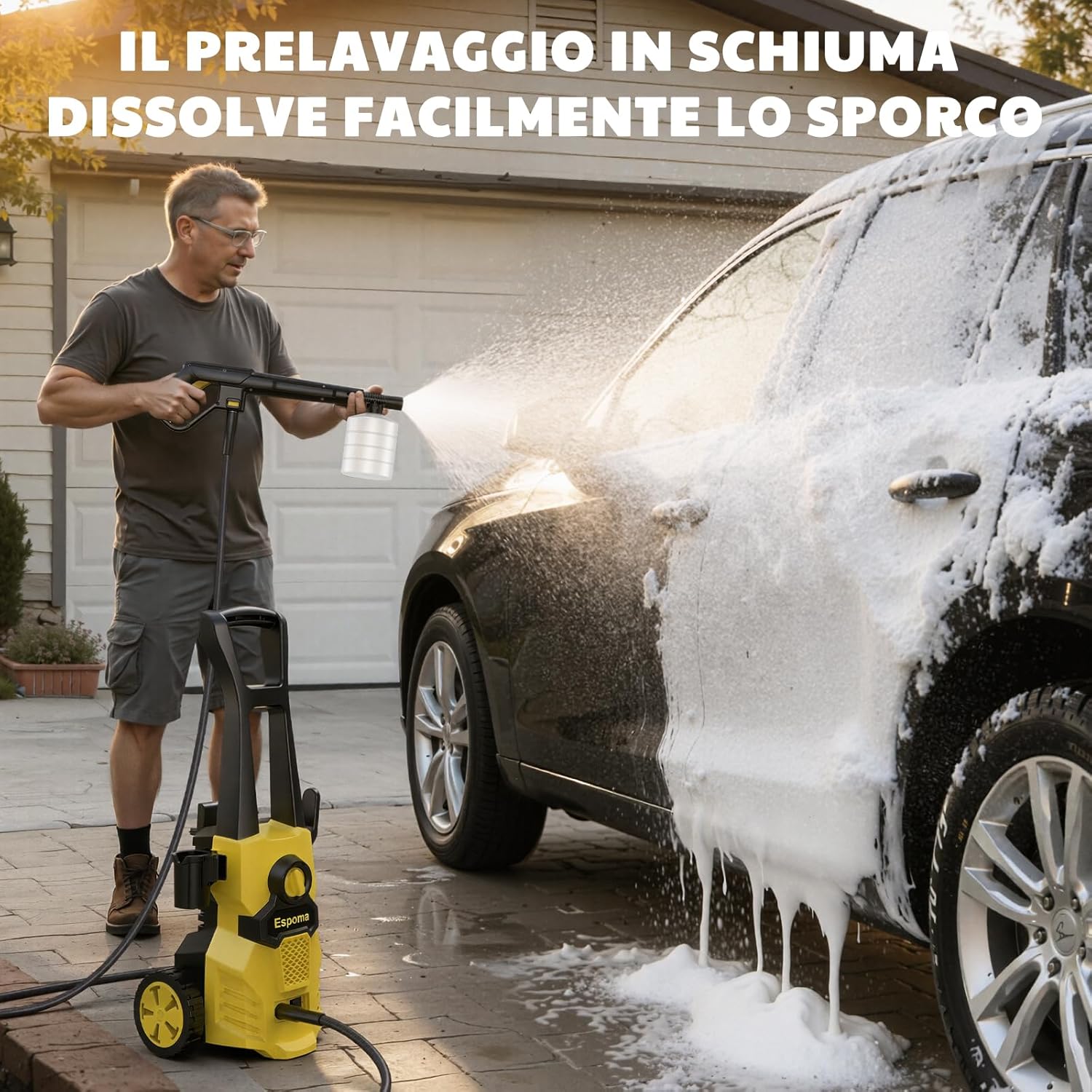 Detalle de Idropulitrice professionale 120 Bar – Espoma, 1400 W, 380 L/h, Autoadescante, 7 m, per auto e terrazzo
