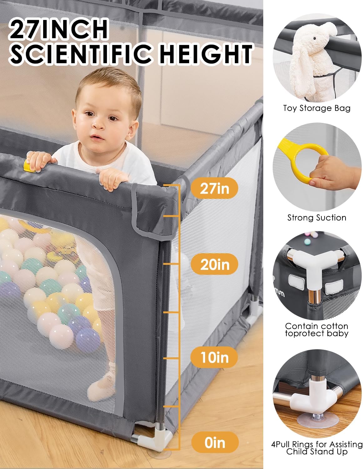 Thumbnail 2 de Extra Large Baby Playpen Play Yard (130x130x66cm) with Anti-Slip Base, BPA-Free, Grey