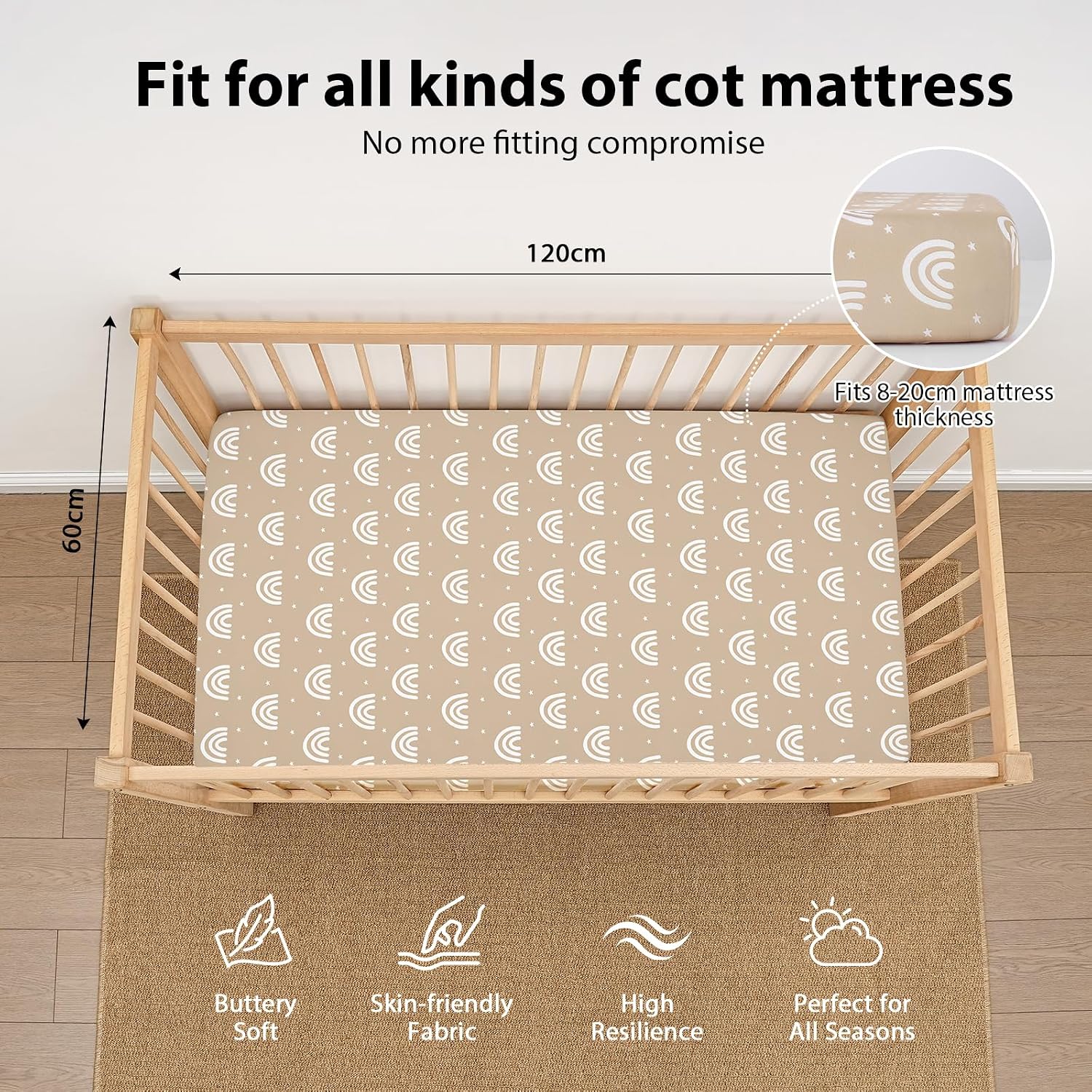 Detalle de FIEMOL Baby Spannbettlaken 60x120 cm (3er-Set) aus Mikrofaser – orange Sonne Regenbogen
