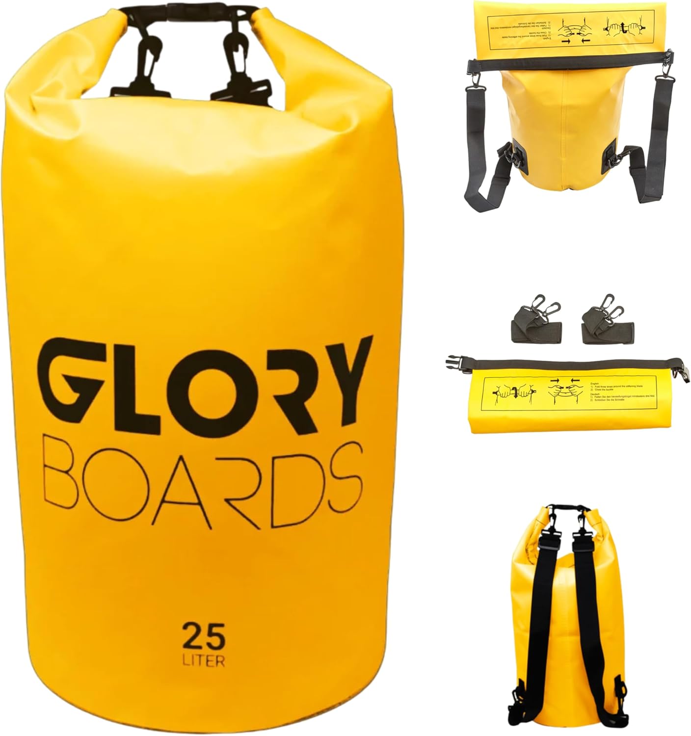 Glory Boards Dry Bag 25L – wasserdichter Rucksack & Schwimmtasche für SUP, Kajak & Outdoor – gelb