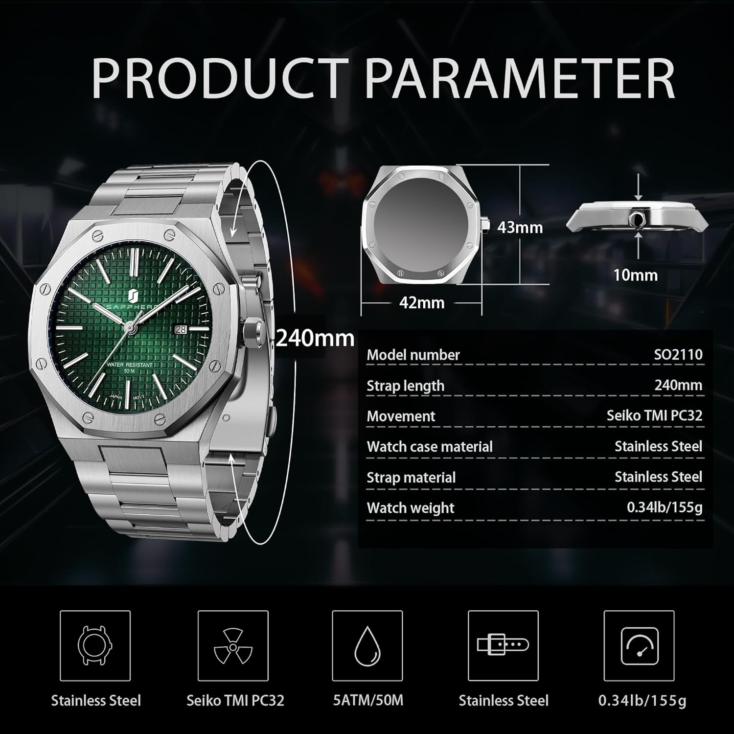 Thumbnail 4 de SAPPHERO Montre Homme Quartz Argent Acier Inoxydable – Édition Date et Bracelet réglable