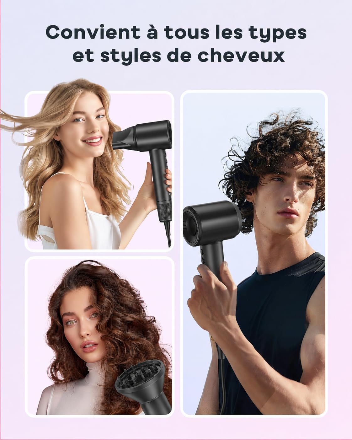Detalle de Sèche-cheveux professionnel Bopcal avec diffuseur et ionique 160 000 tr/min – 500 millions d’ions, parfait pour salon et voyage