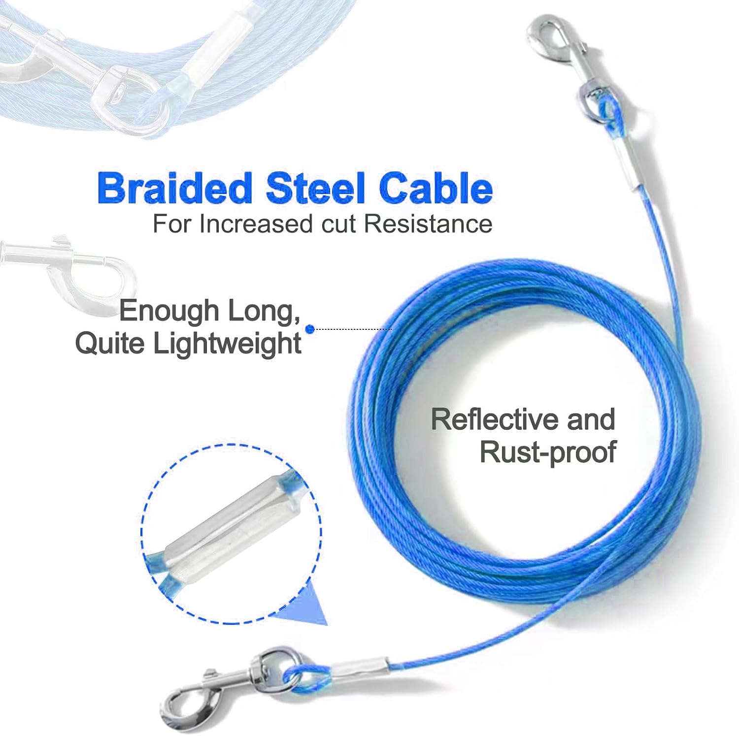 Detalle de Mi Metty Dog Tie Out Cable (Blue, 20ft / 6M) – chew-proof tether for small dogs up to 60lb