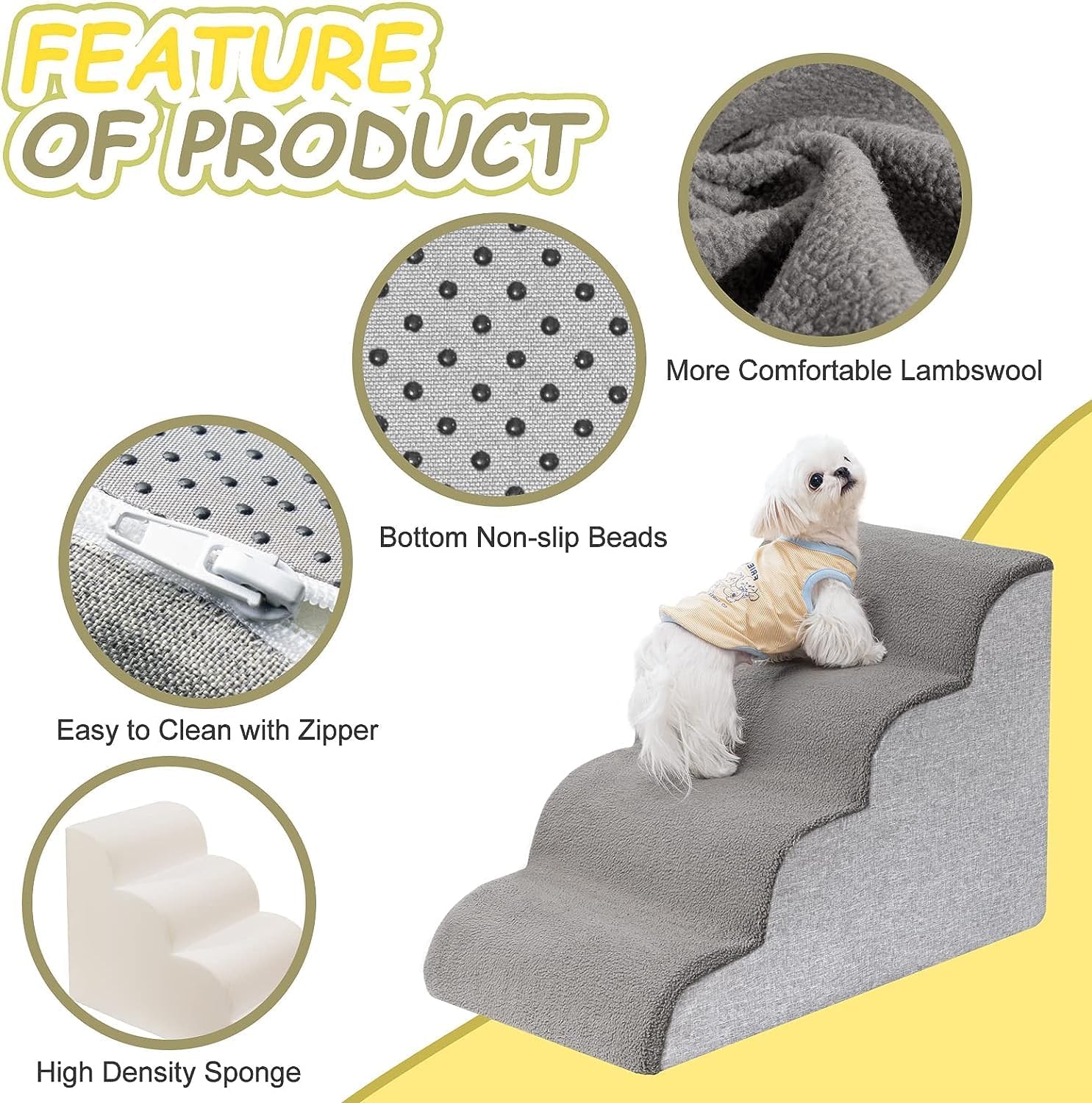 Detalle 2 de Uross Dog Stairs for Small Dogs – 4-Tier High-Density Foam Steps with 17° incline for Bed Access