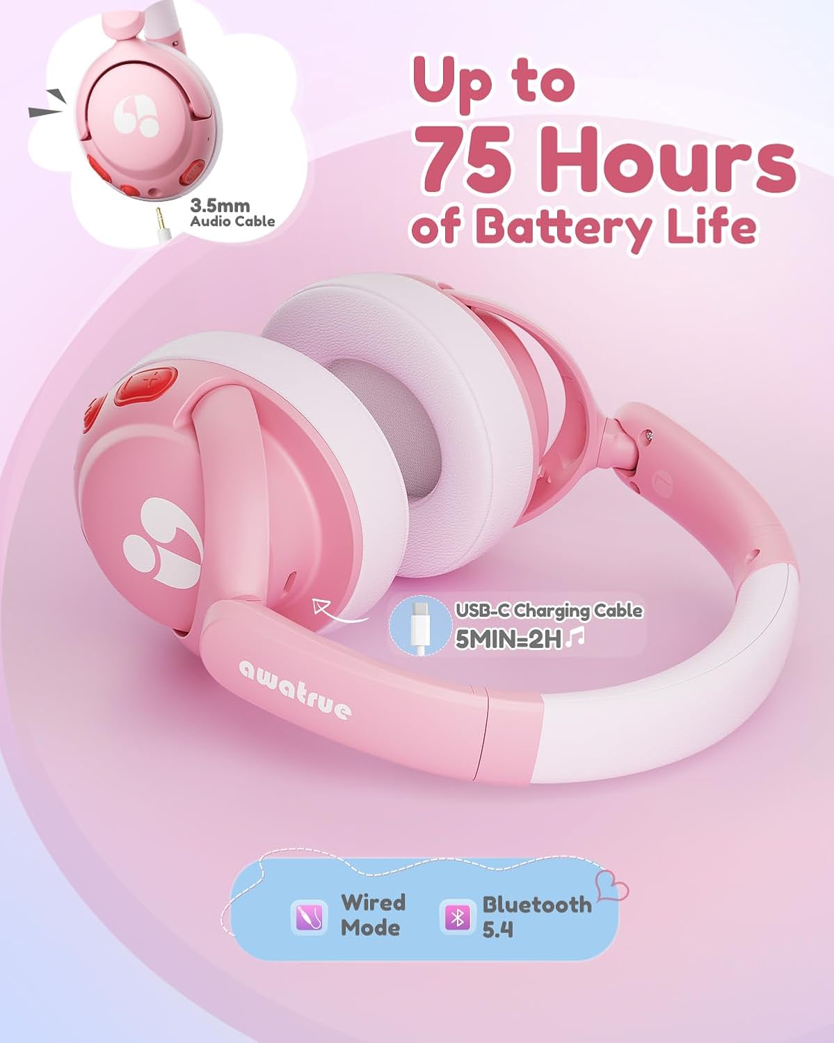 Thumbnail 6 de awatrue Kids Bluetooth Headphones (85dB Volume Limiter) — Foldable Over-Ear Wireless for iPad & Travel, Pink