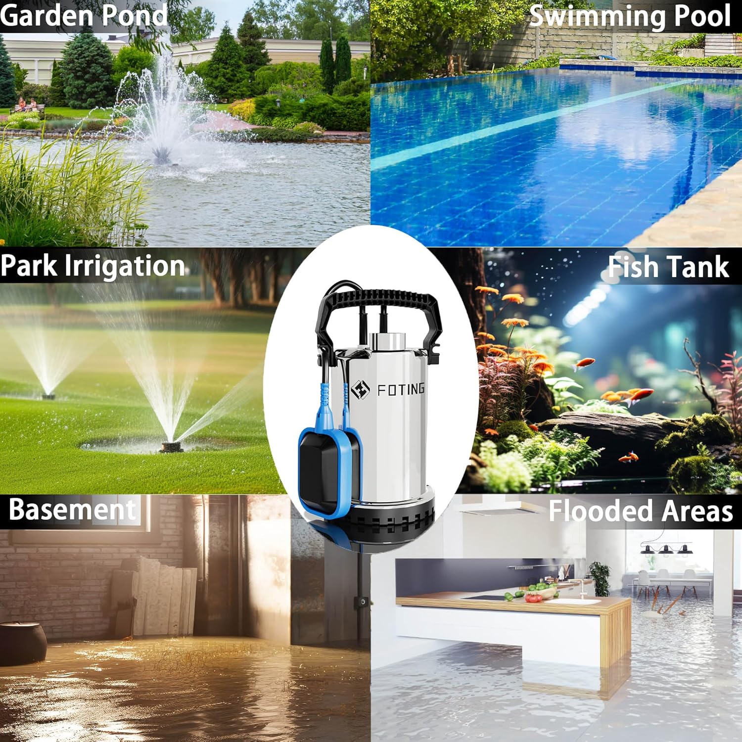Thumbnail 6 de FOTING 400W Stainless Steel Submersible Water Pump — 8250 L/H, Auto Float, 7m Lift
