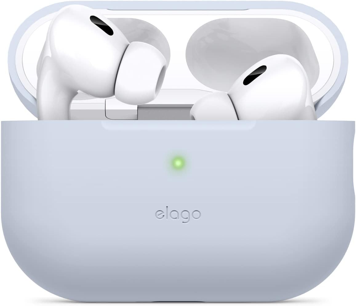 Detalle de elago Coque en silicone pour AirPods Pro (2e génération) avec charge sans fil et LED frontal visible, bleu clair
